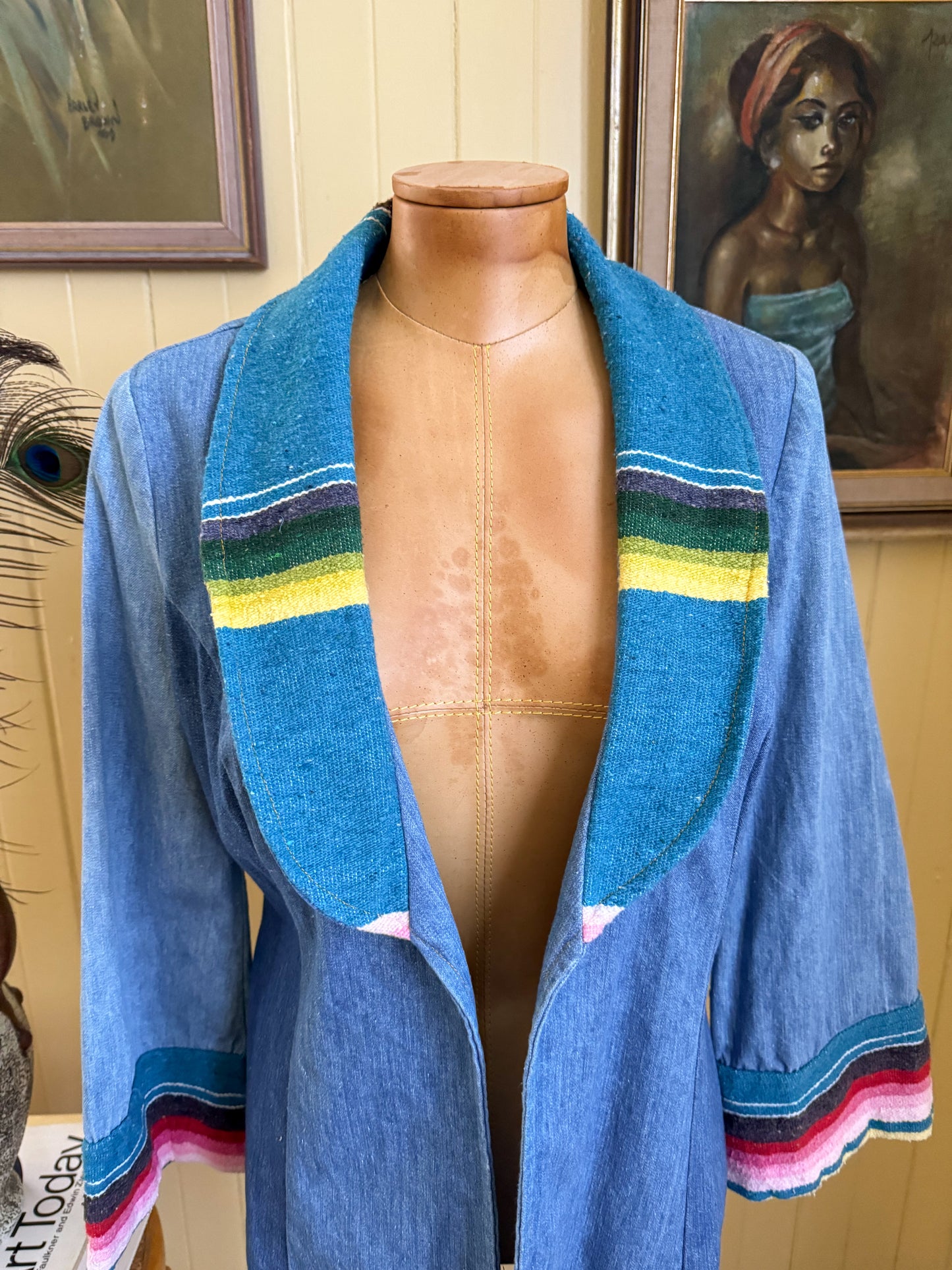 VINTAGE 1970S COTTON DENIM RAINBOW TAPESTRY BLAZER JACKET S/M