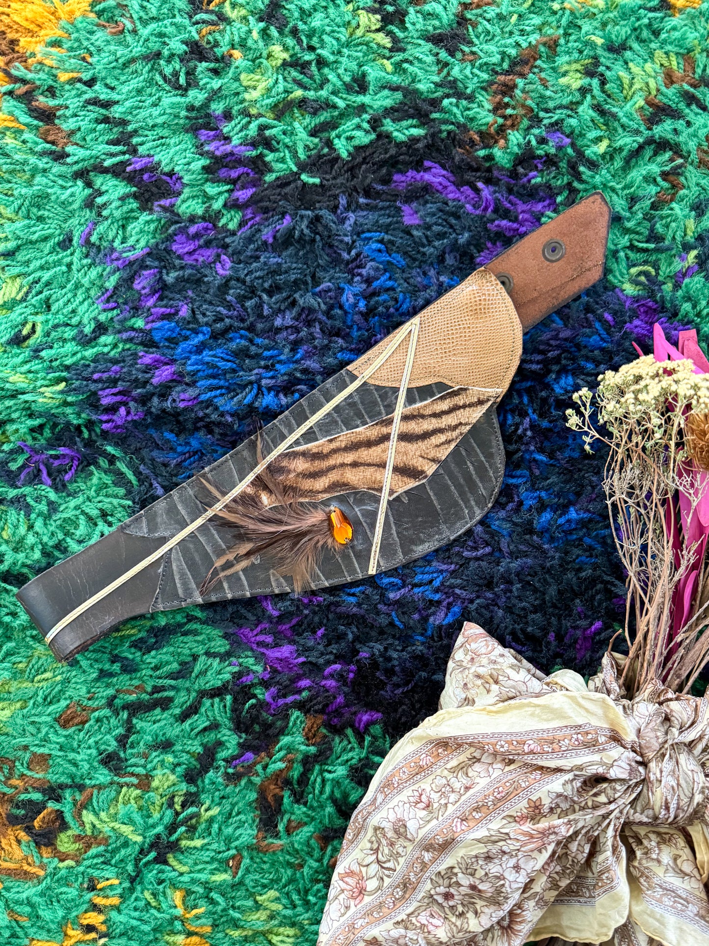 VINTAGE 1970S PATCHWORK LEATHER FUR FEATHER + METALLIC HIGH WAISTED BELT S/M