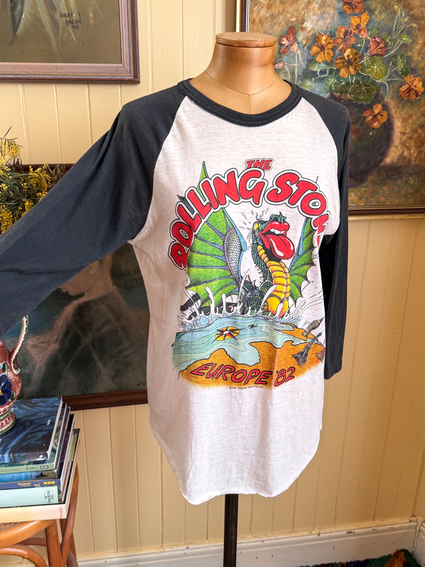 VINTAGE 1982 THE ROLLING STONES EUROPE TOUR PRINT RAGLAN TSHIRT M/L