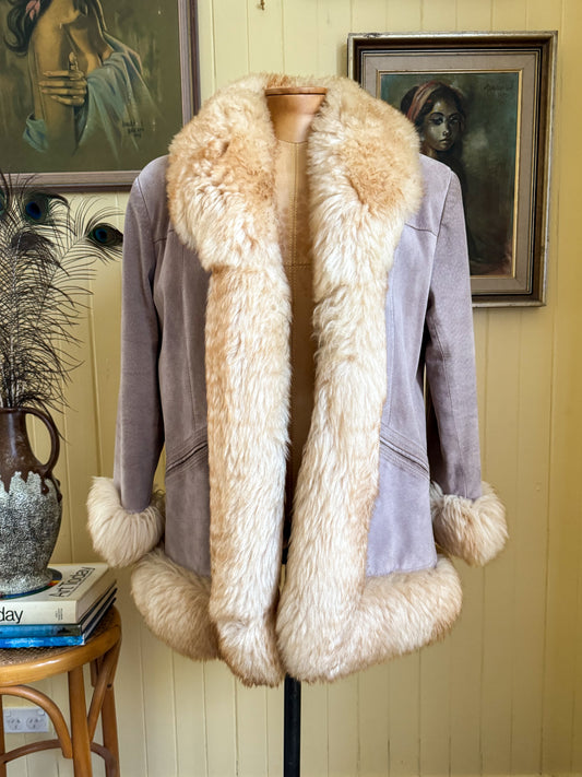 VINTAGE 1970S GREY SUEDE LEATHER SHEEPSKIN PENNY LANE COAT M