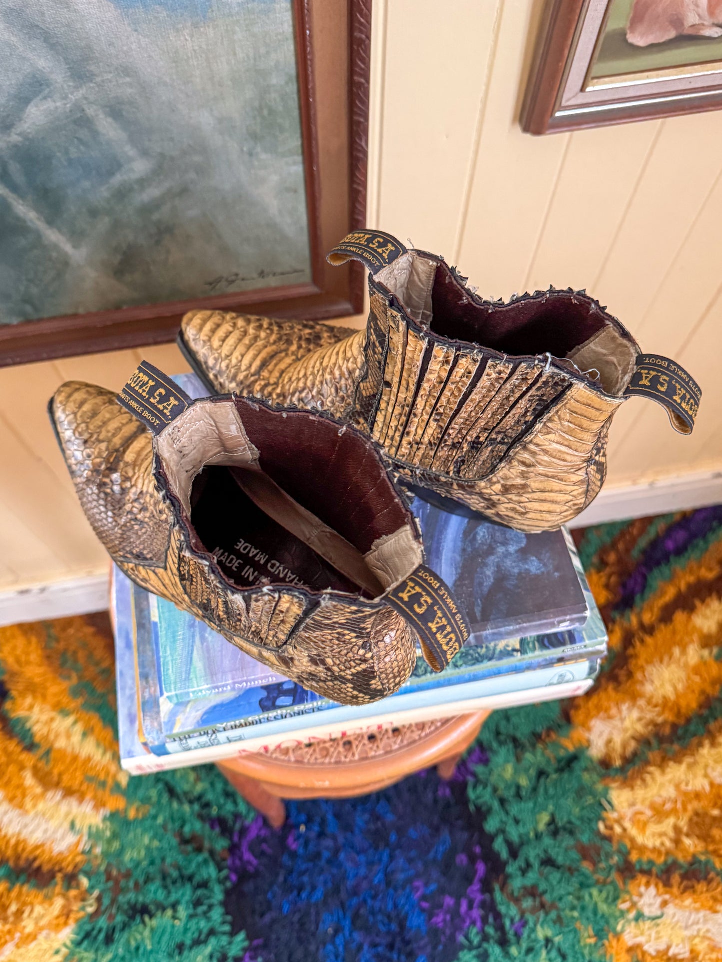 VINTAGE LA GRAN BOTA MEXICAN EXOTIC PYTHON SNAKESKIN LEATHER WESTERN ANKLE BOOTS 9.5/10