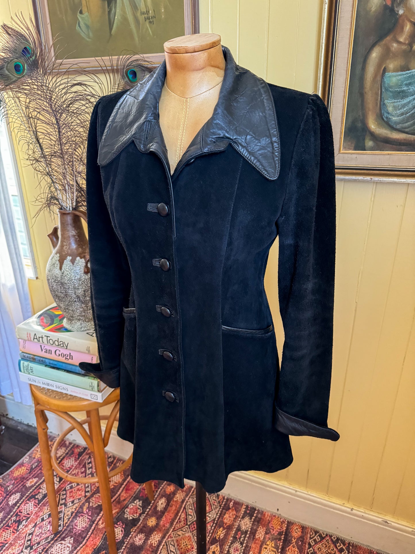 VINTAGE 1990S ANNA SAXON BLACK SUEDE LEATHER BLAZER JACKET S