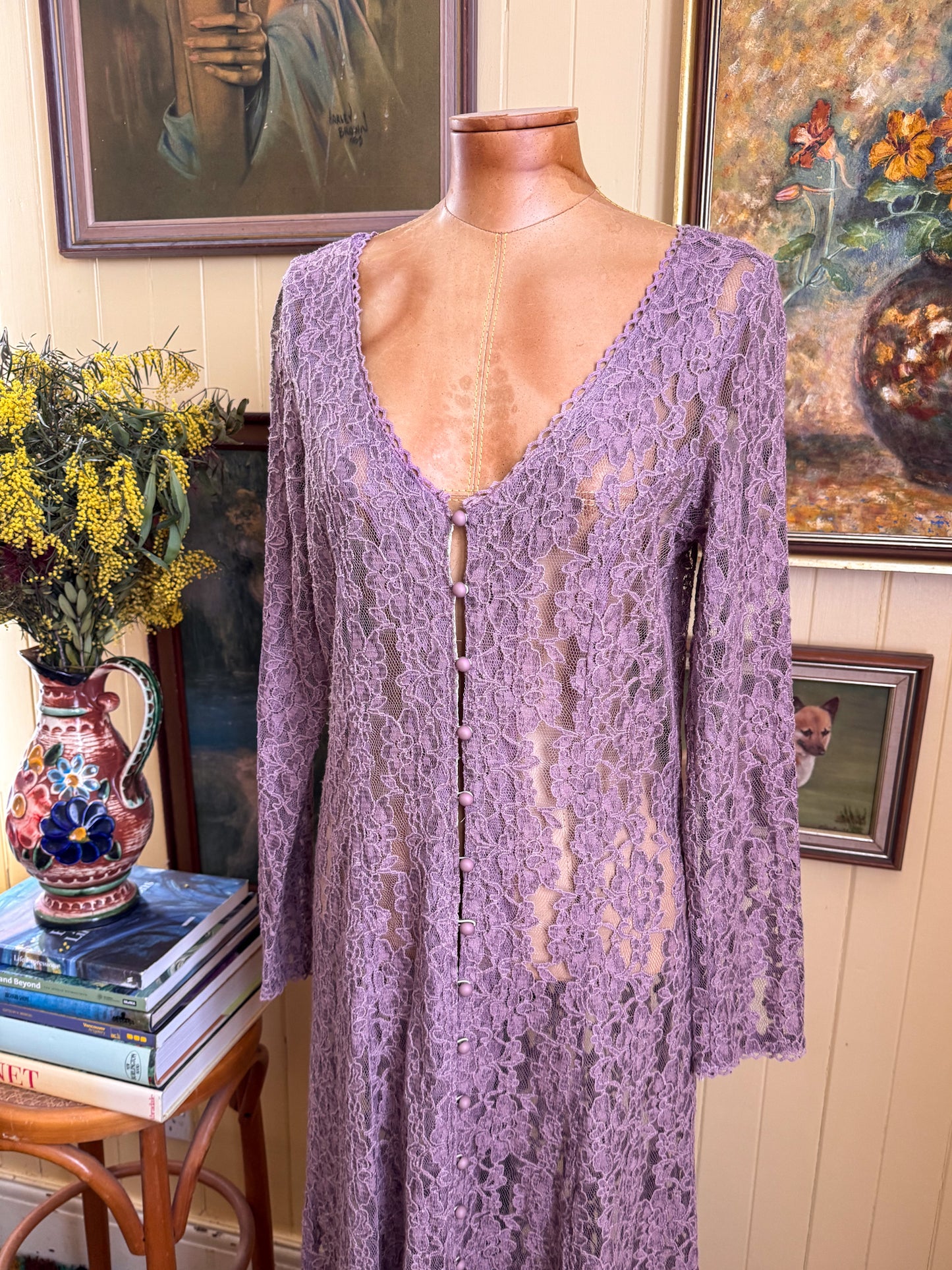 VINTAGE 1990S MAUVE LACE LONG SLEEVE MAXI DUSTER DRESS M/L