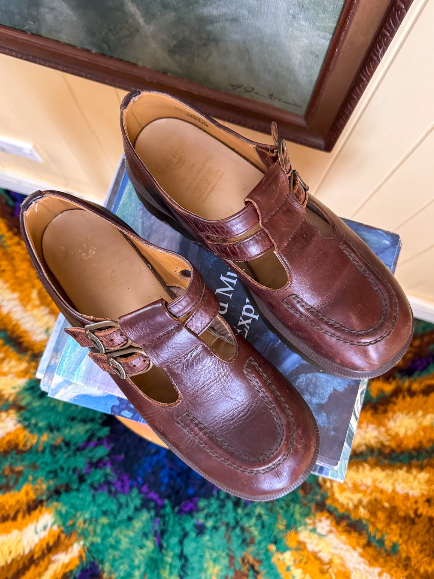 VINTAGE 1990S RARE DR DOC MARTENS DOUBLE STRAP CHESTNUT BROWN LEATHER HEELED MARY JANES 9.5/40.5