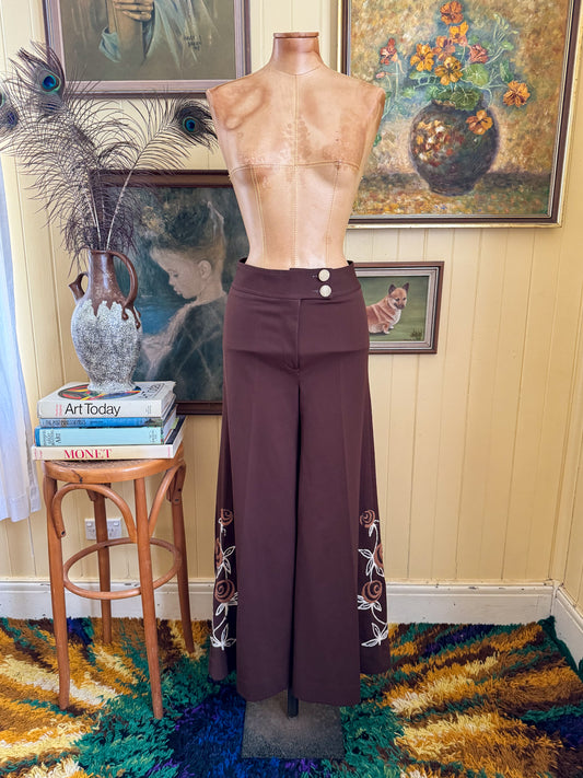 VINTAGE 1970S MALSON JACOBS ACRYLIC WIDE LEG EMBROIDERED FLARES PANTS XS/S