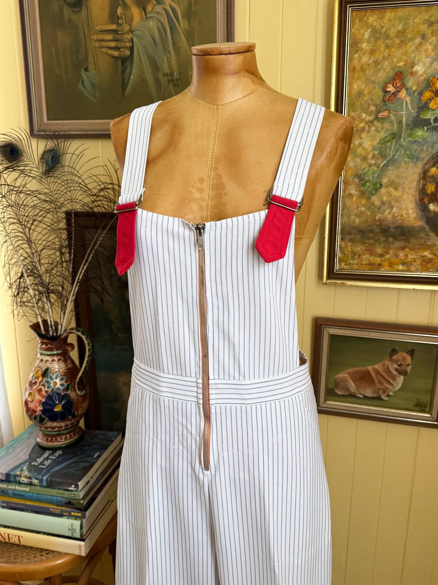 VINTAGE 1970S KOREAN MATCHMATES POLY STRIPED WIDE LEG DUNGAREES OVERALLS S/M