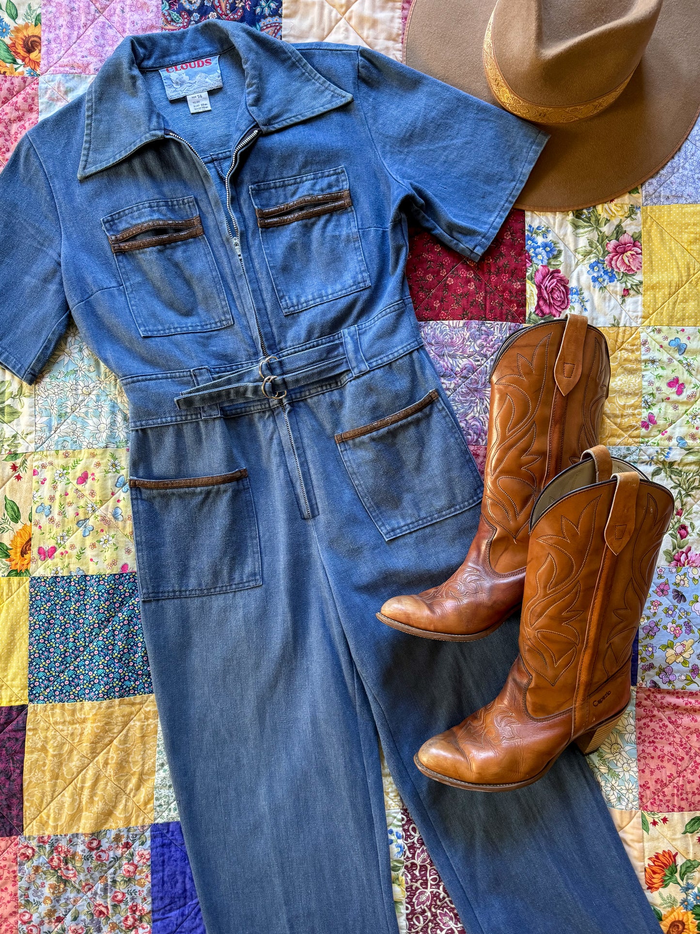 VINTAGE 1970S CLOUDS COTTON DENIM WIDE LEG JUMPSUIT XS/S