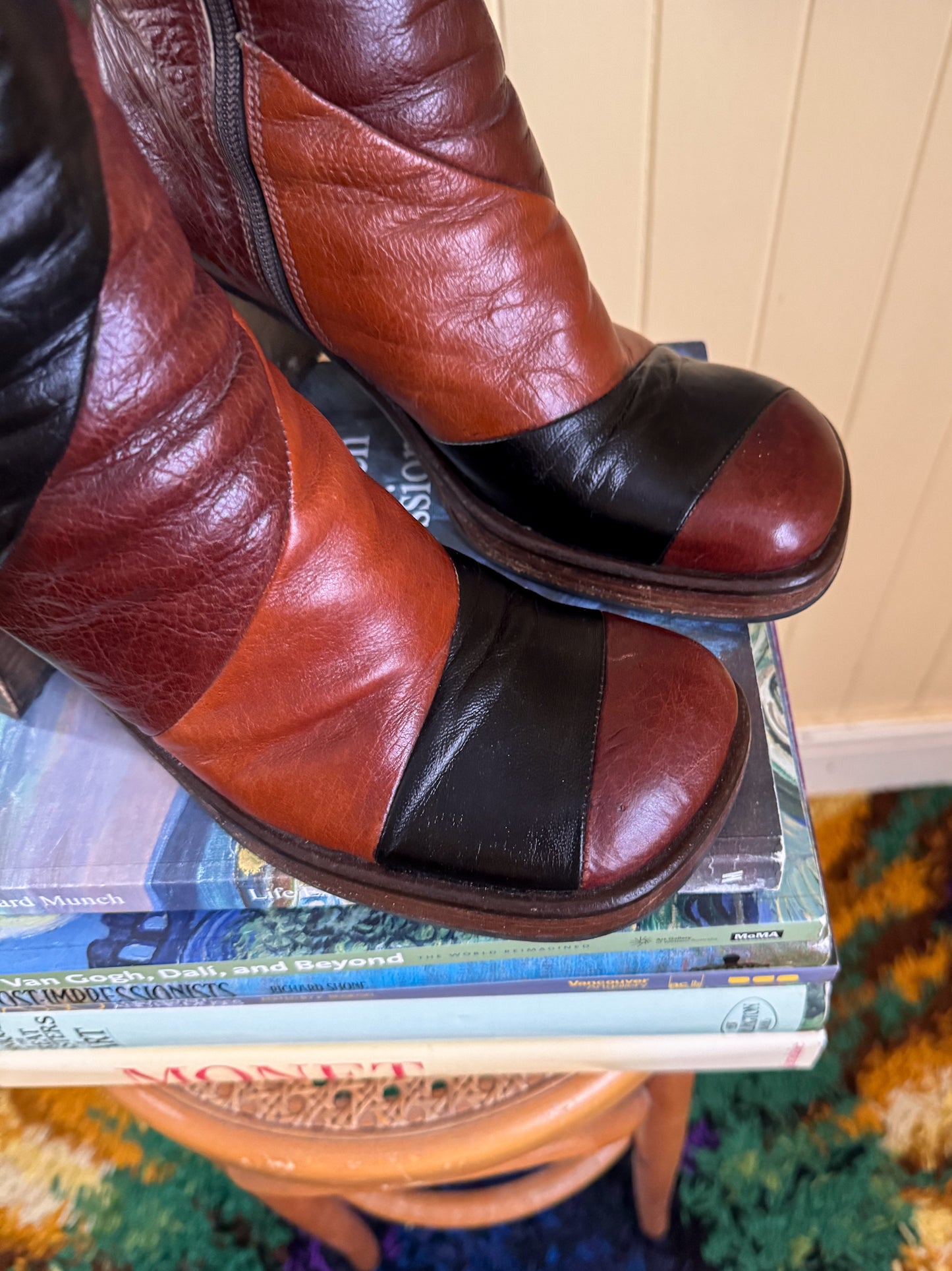 VINTAGE 1990S PATCHWORK LEATHER PLATFORM BLOCK HEELED BOOTS 8.5/39