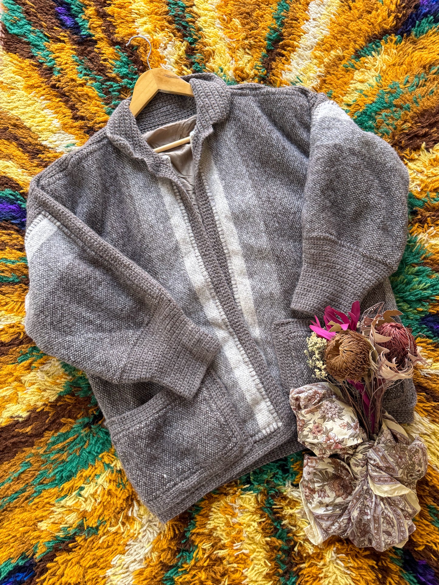 VINTAGE 1980S NEW ZEALAND ESTHER SHERRIFF WOOL CROCHET KNIT CARDIGAN JACKET M/L