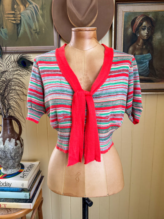 VINTAGE 1970S KNITTED ACRYLIC STRIPED TIE NECK CROPPED TOP M/L