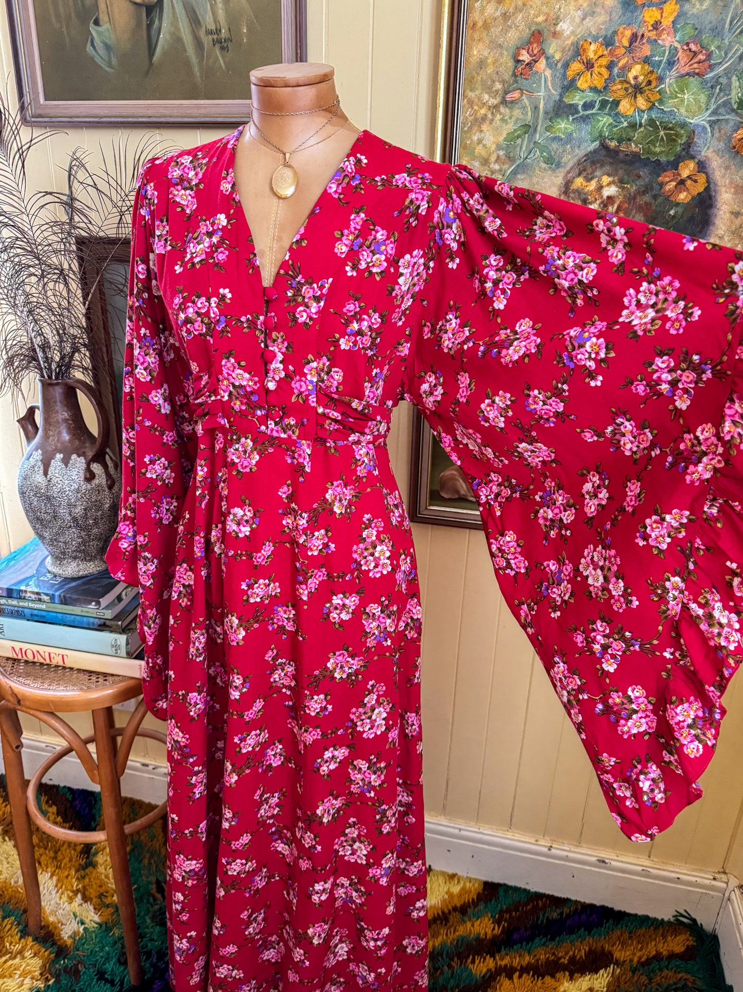 VINTAGE 1970S ARC COTTON ANGEL SLEEVE FLORAL PRINT MAXI DRESS S/M