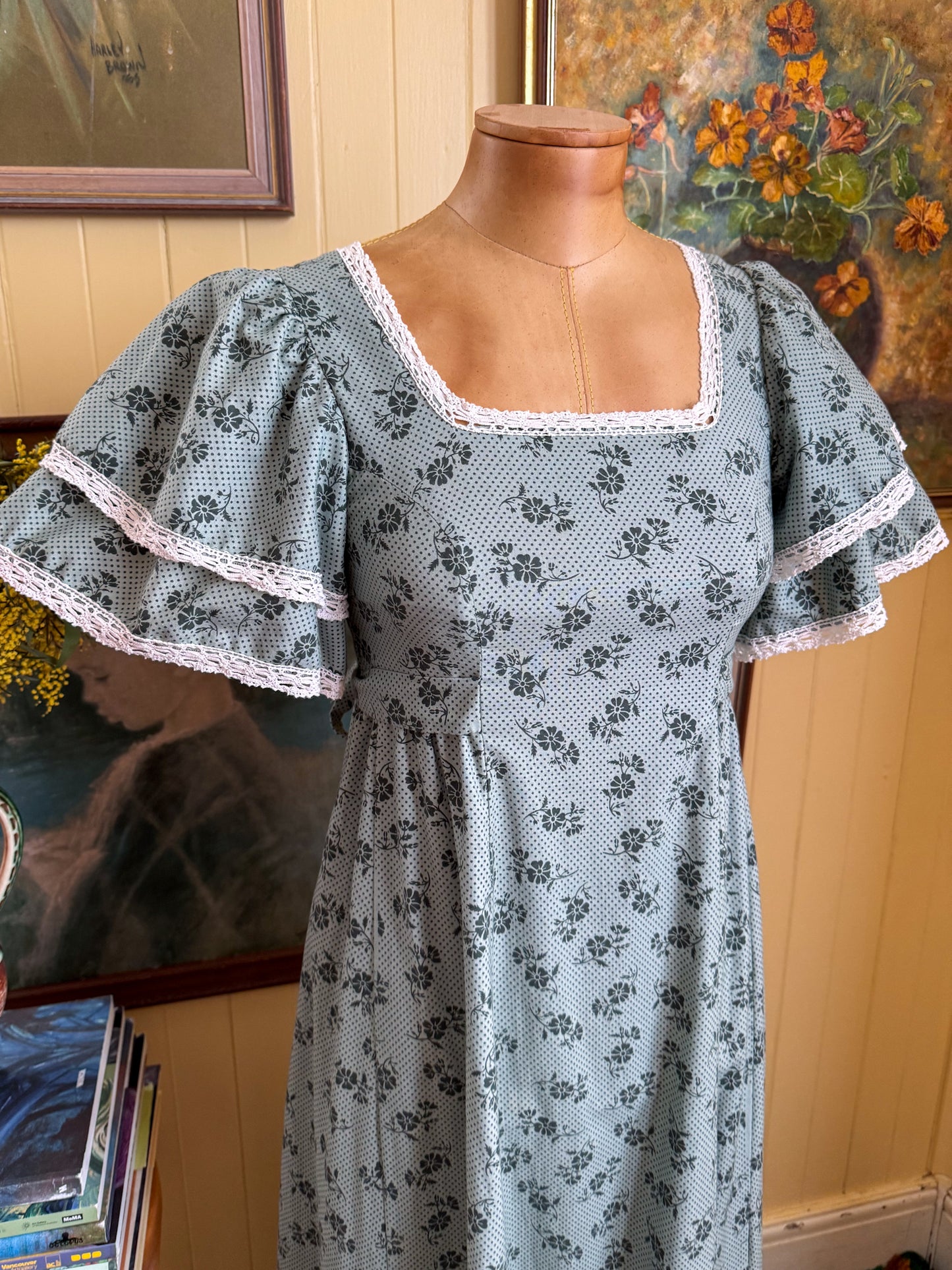 VINTAGE 1970S RARE AUSTRALIAN LAURA ASHLEY COTTON PRAIRIE MAXI DRESS XXS/XS