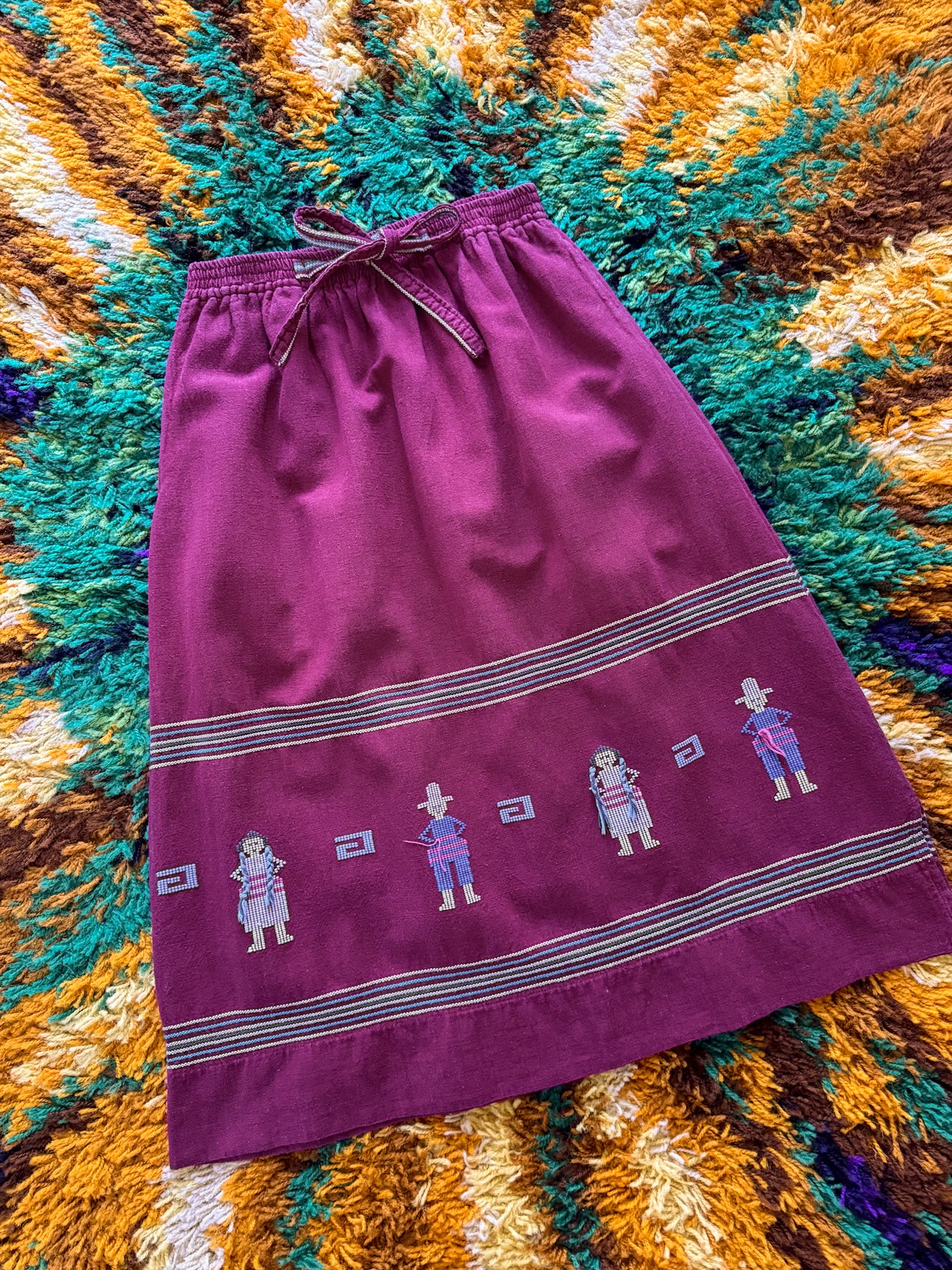 VINTAGE 1980S FERNANDOS GUATEMALAN HAND WOVEN COTTON EMBROIDERED SKIRT S/M