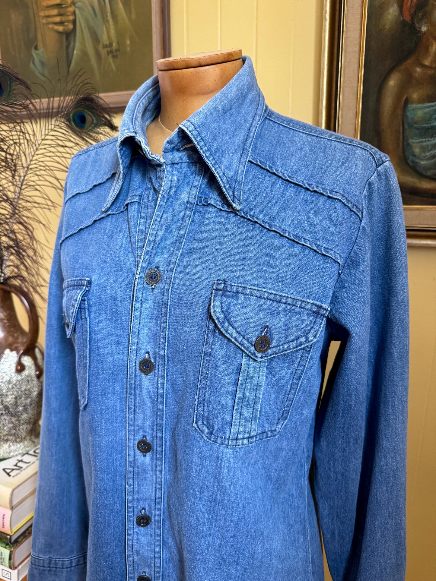 VINTAGE 1970S AMCO COTTON DENIM PATCH POCKET SHIRT JACKET S/M