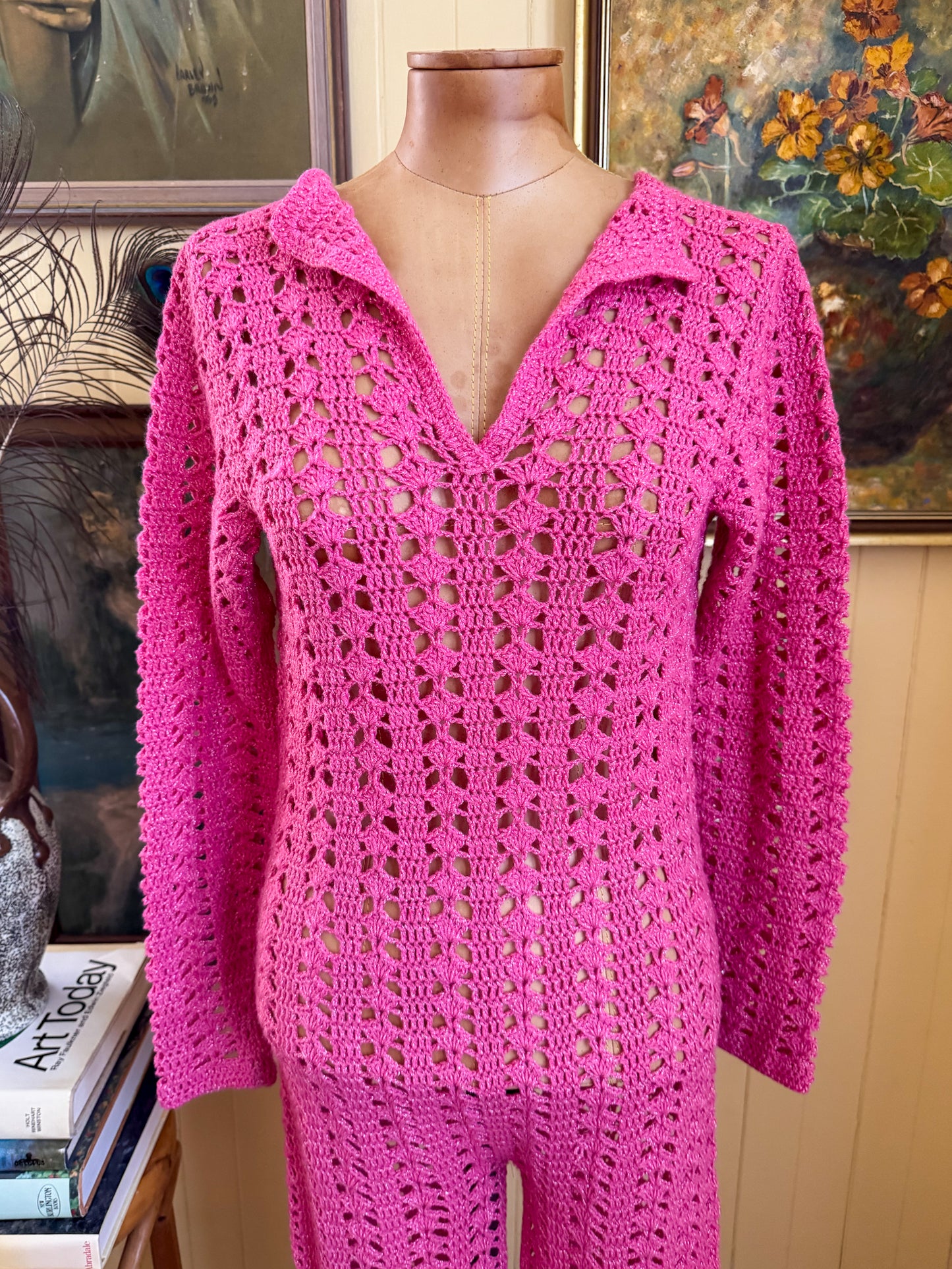 VINTAGE 1970S HANDMADE PINK WOOL/COTTON CROCHET LUREX JUMPSUIT S