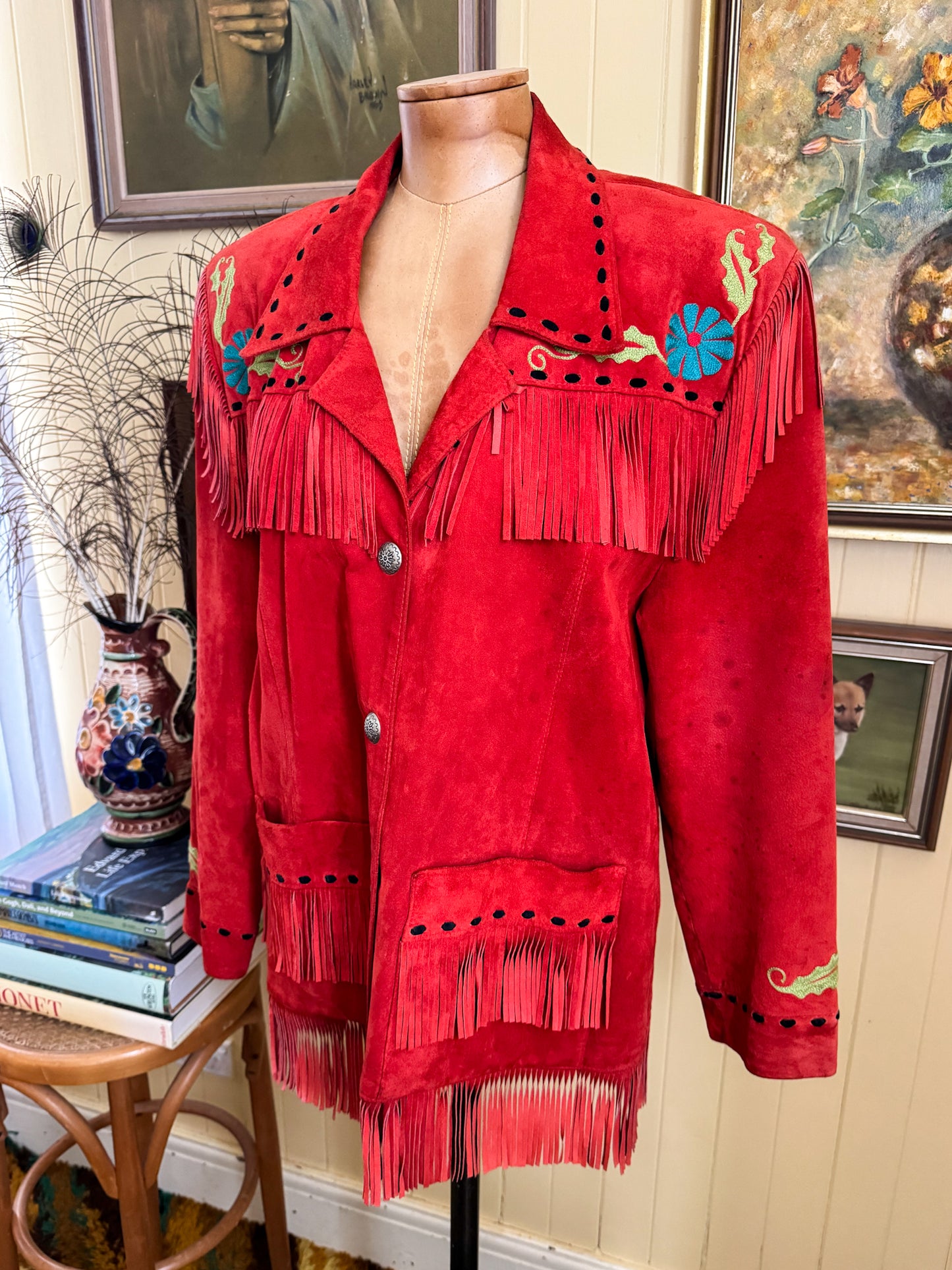 VINTAGE RARE CHAR SANTA FE RED SUEDE FRINGED EMBROIDERED WESTERN JACKET M