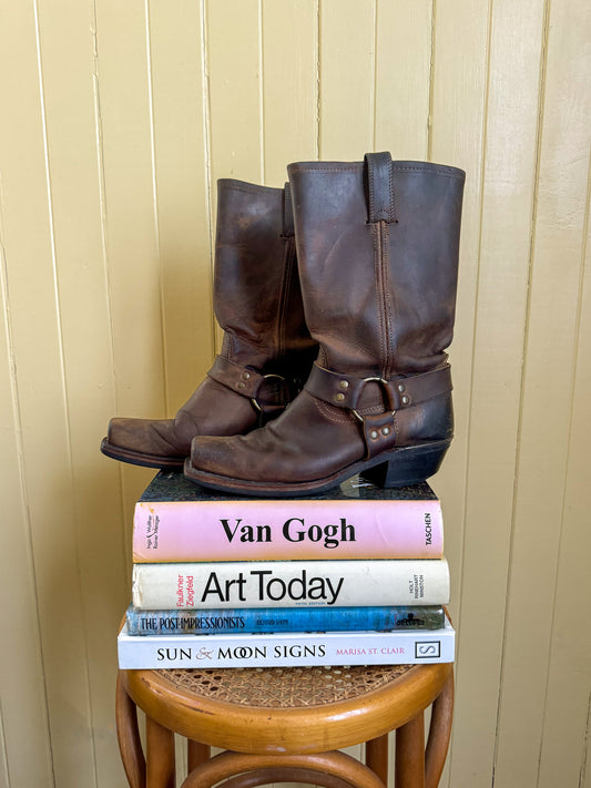 VINTAGE FRYE HARNESS DARK BROWN LEATHER BIKER CUBAN HEEL BOOTS 9/40