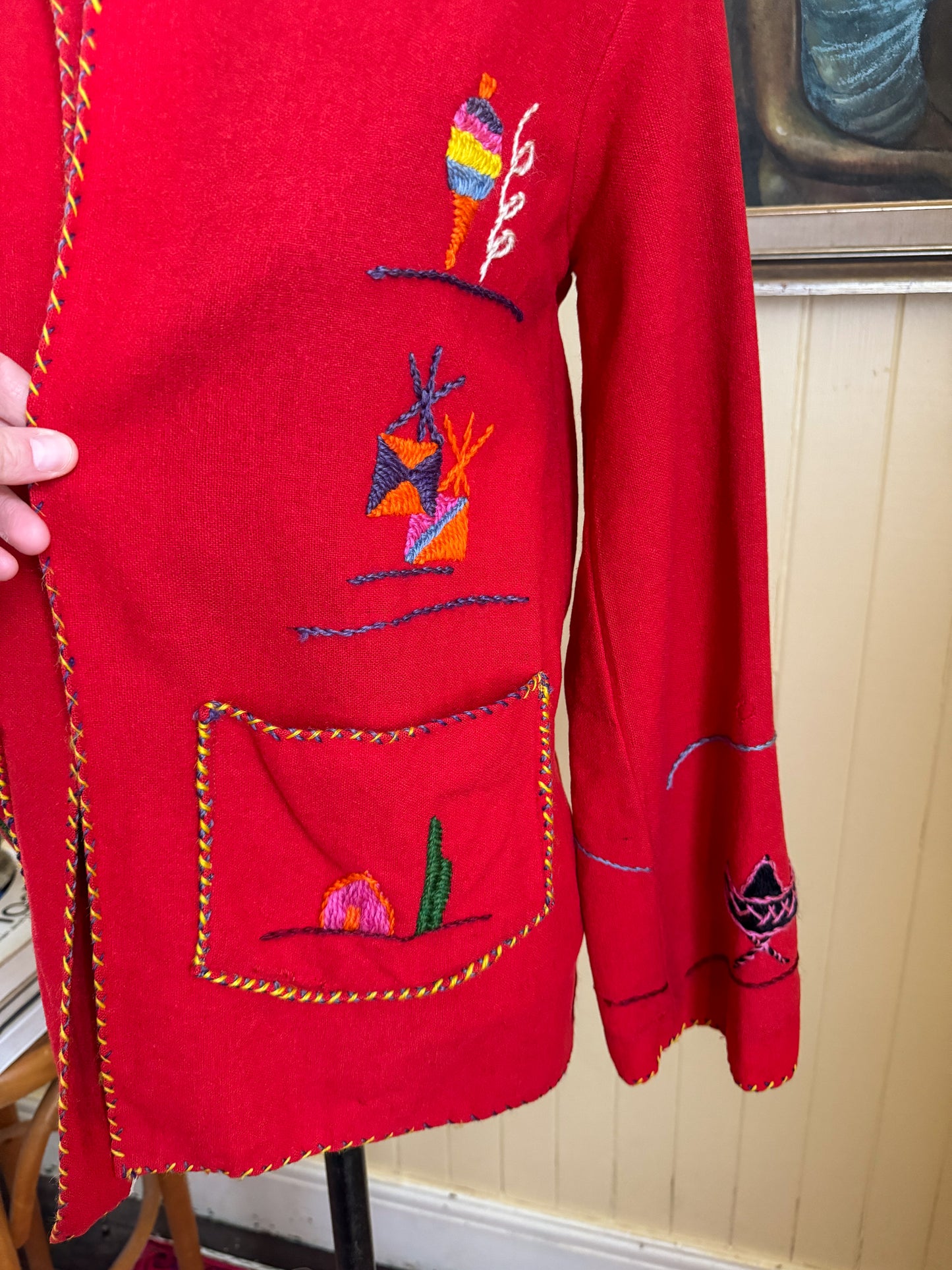 VINTAGE 1950S MEXICAN WOOL EMBROIDERED SOUVENIR TOURIST JACKET XS/S