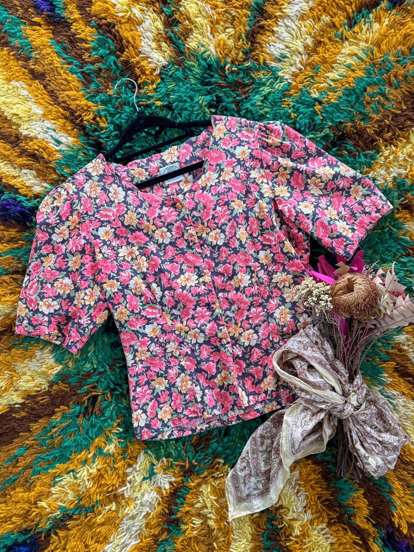 VINTAGE 1980S AUSTRALIAN LAURA ASHLEY COTTON FLORAL PRINT BLOUSE M