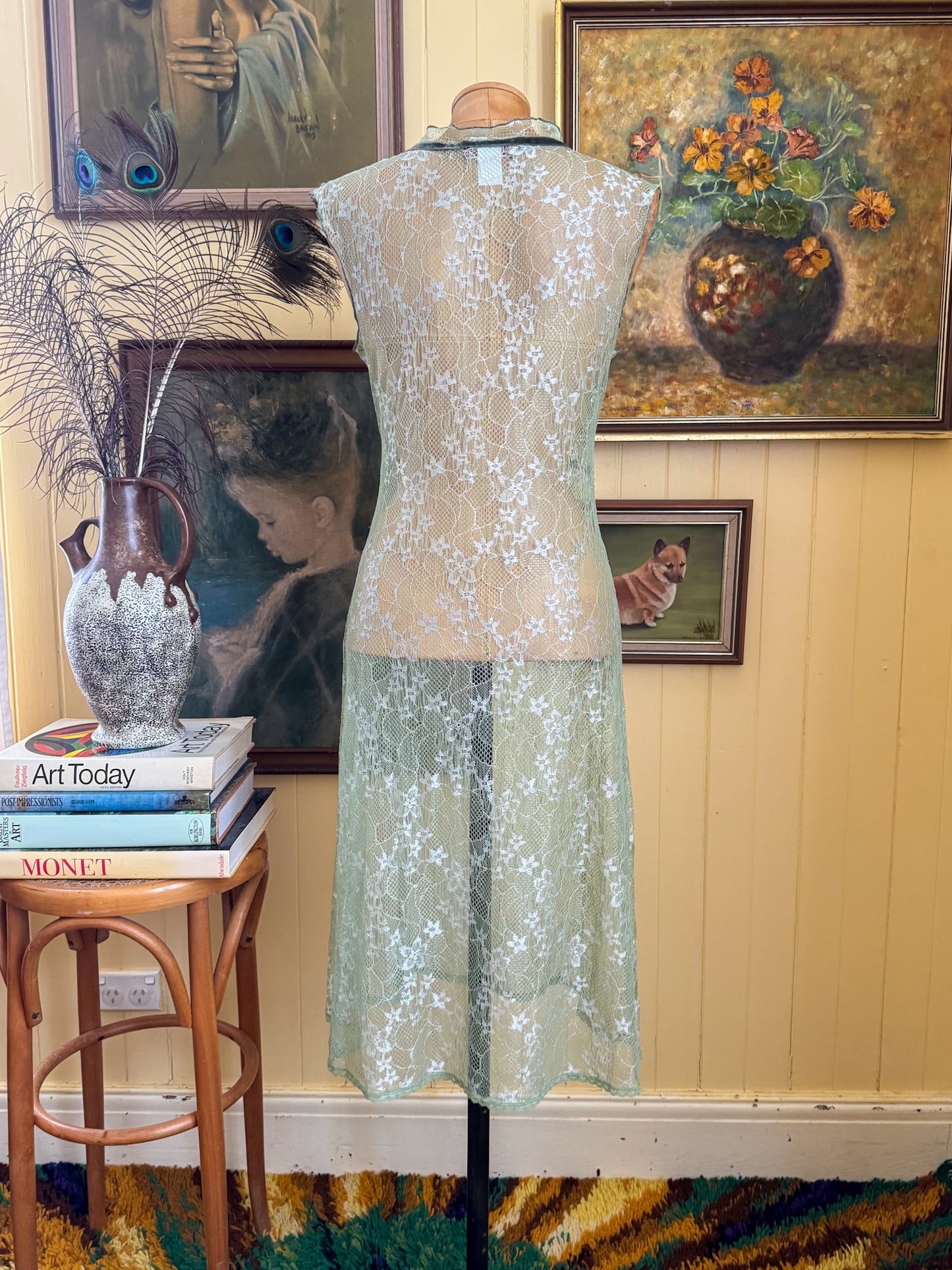 VINTAGE 1990S AUSTRALIAN REVIEW SHEER LACE VELVET TRIM MIDI DRESS S/M