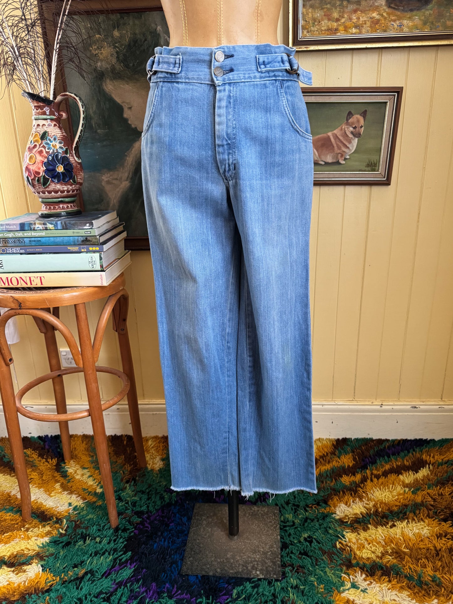VINTAGE 1970S HARD YAKKA HIGH WAIST BUCKLE TAPERED LEG DENIM JEANS S