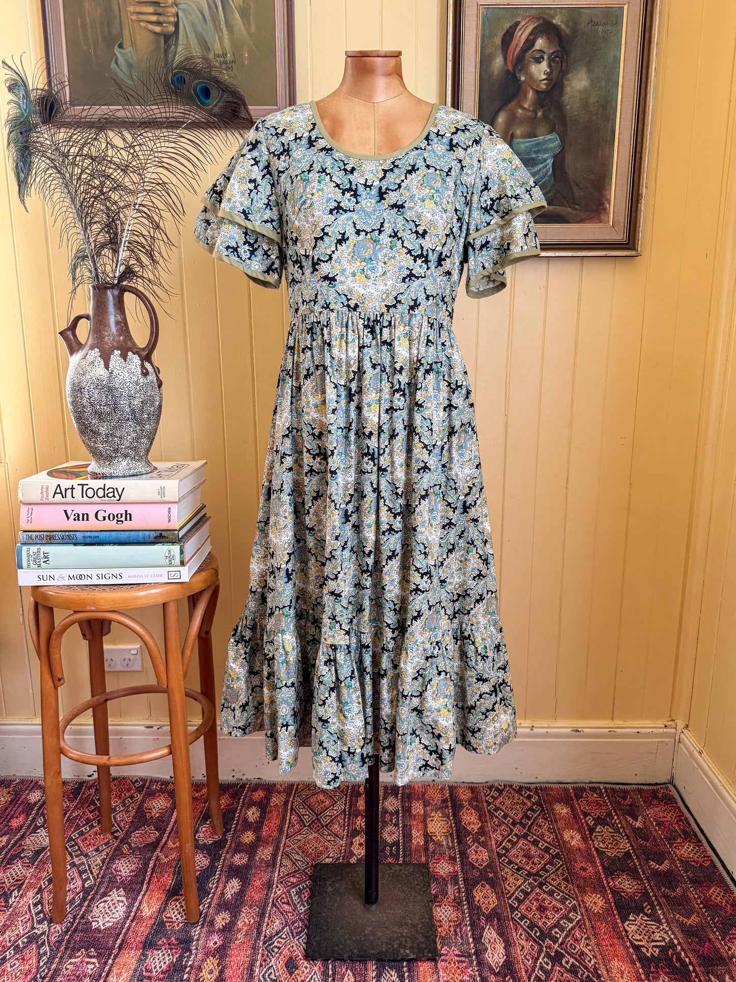 VINTAGE 1970S TOORAK COTTON FLORAL PRINT PRAIRIE DRESS + HEADSCARF M