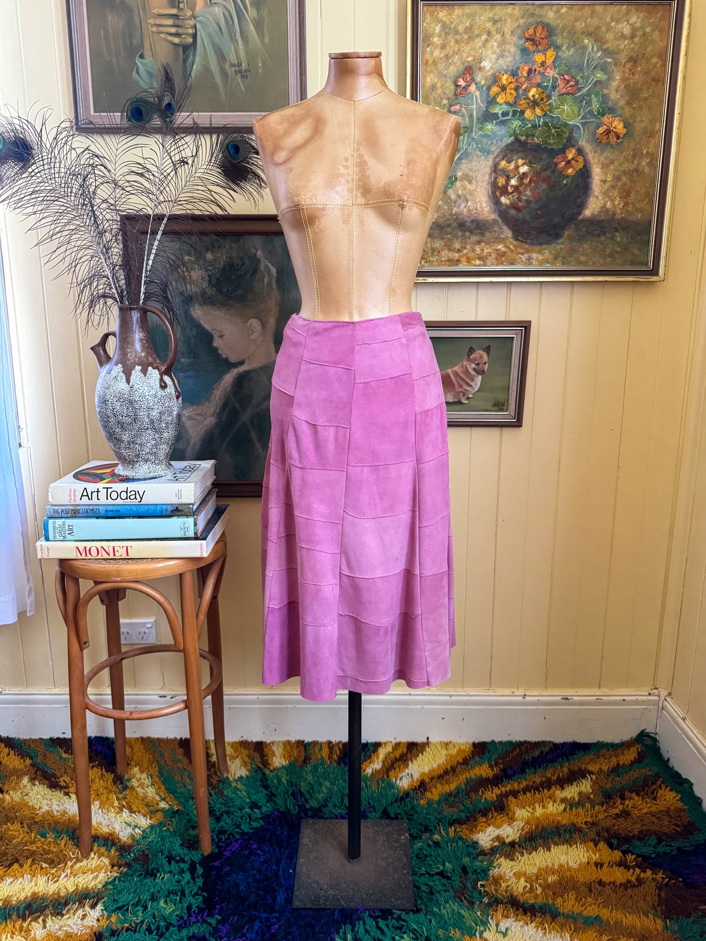 VINTAGE 1970S DRESKE SOMOFF PINK PATCHWORK SUEDE JACKET AND MIDI SKIRT SET XS