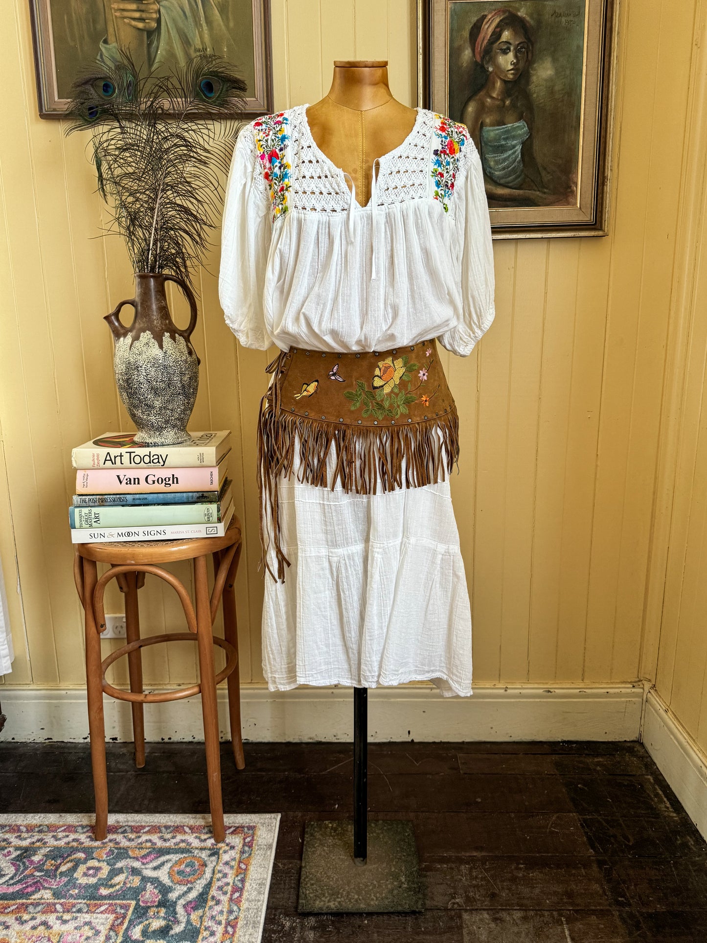 VINTAGE 1990S MEXICAN COTTON CHEESECLOTH EMBROIDERED CROCHET DRESS L/XL/XXL