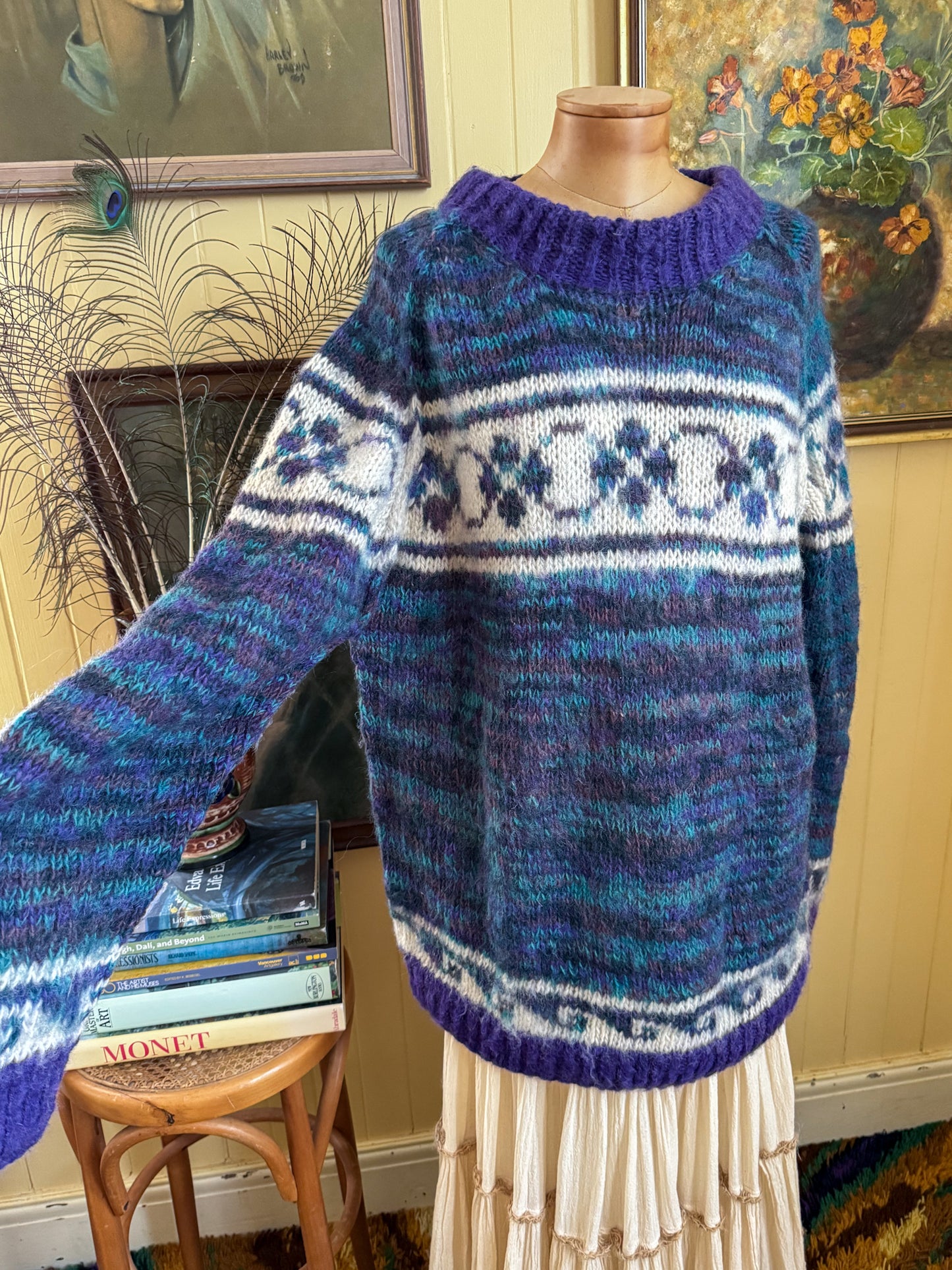 VINTAGE HANDMADE ALPACA WOOL MOTIF CHUNKY KNIT JUMPER L/XL