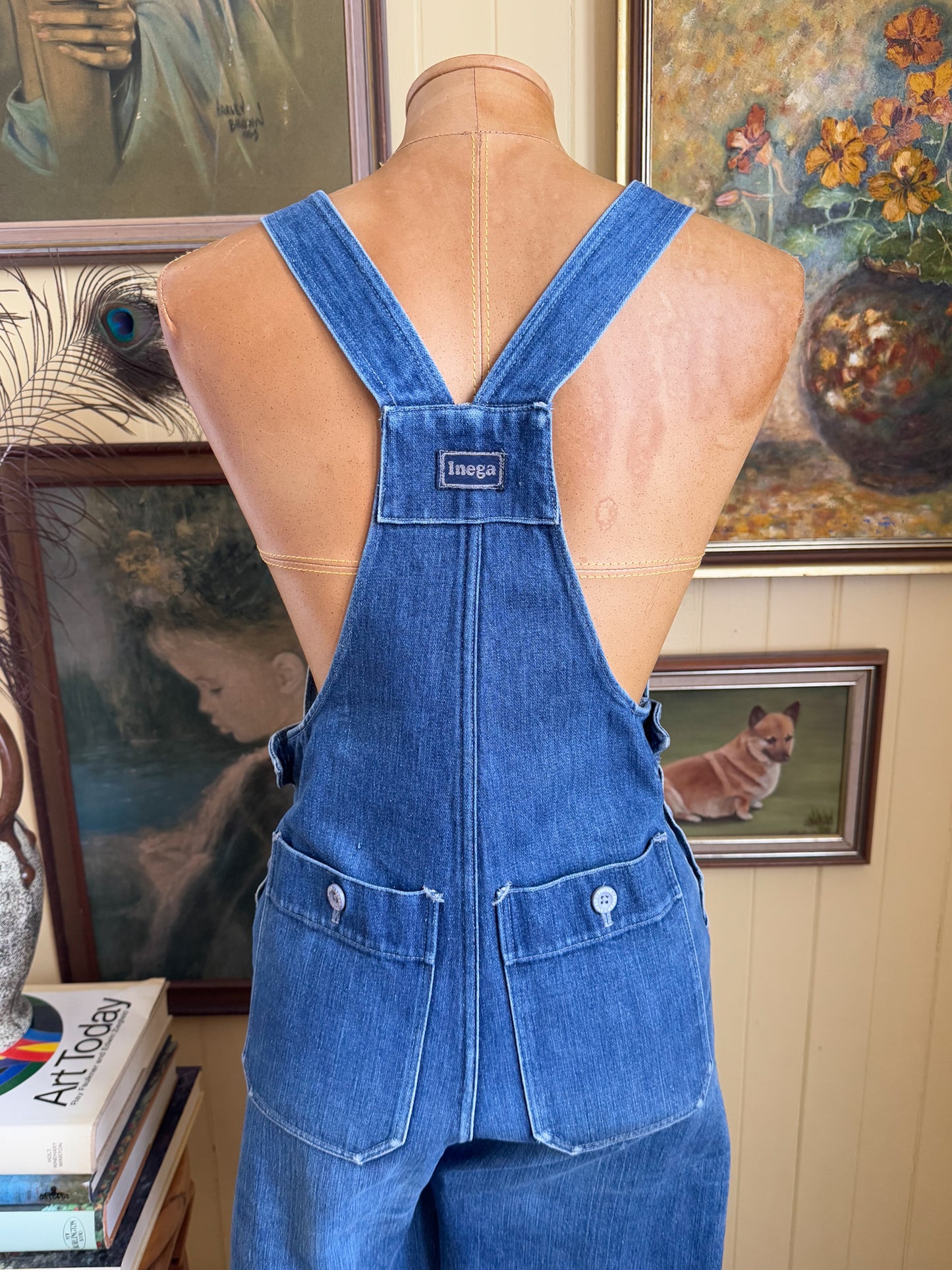 VINTAGE 1970S ENGLISH INEGA COTTON DENIM STRAIGHT LEG DUNGAREES OVERALLS XS