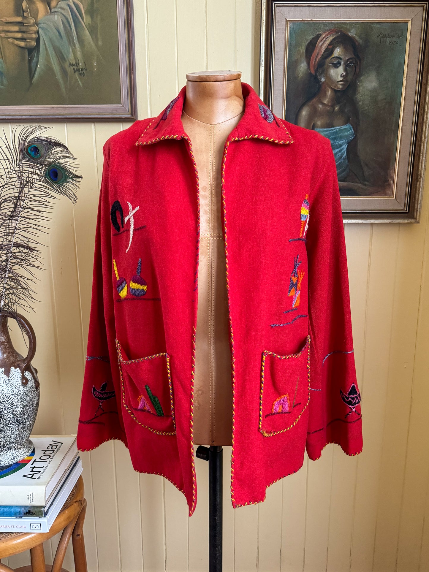 VINTAGE 1950S MEXICAN WOOL EMBROIDERED SOUVENIR TOURIST JACKET XS/S