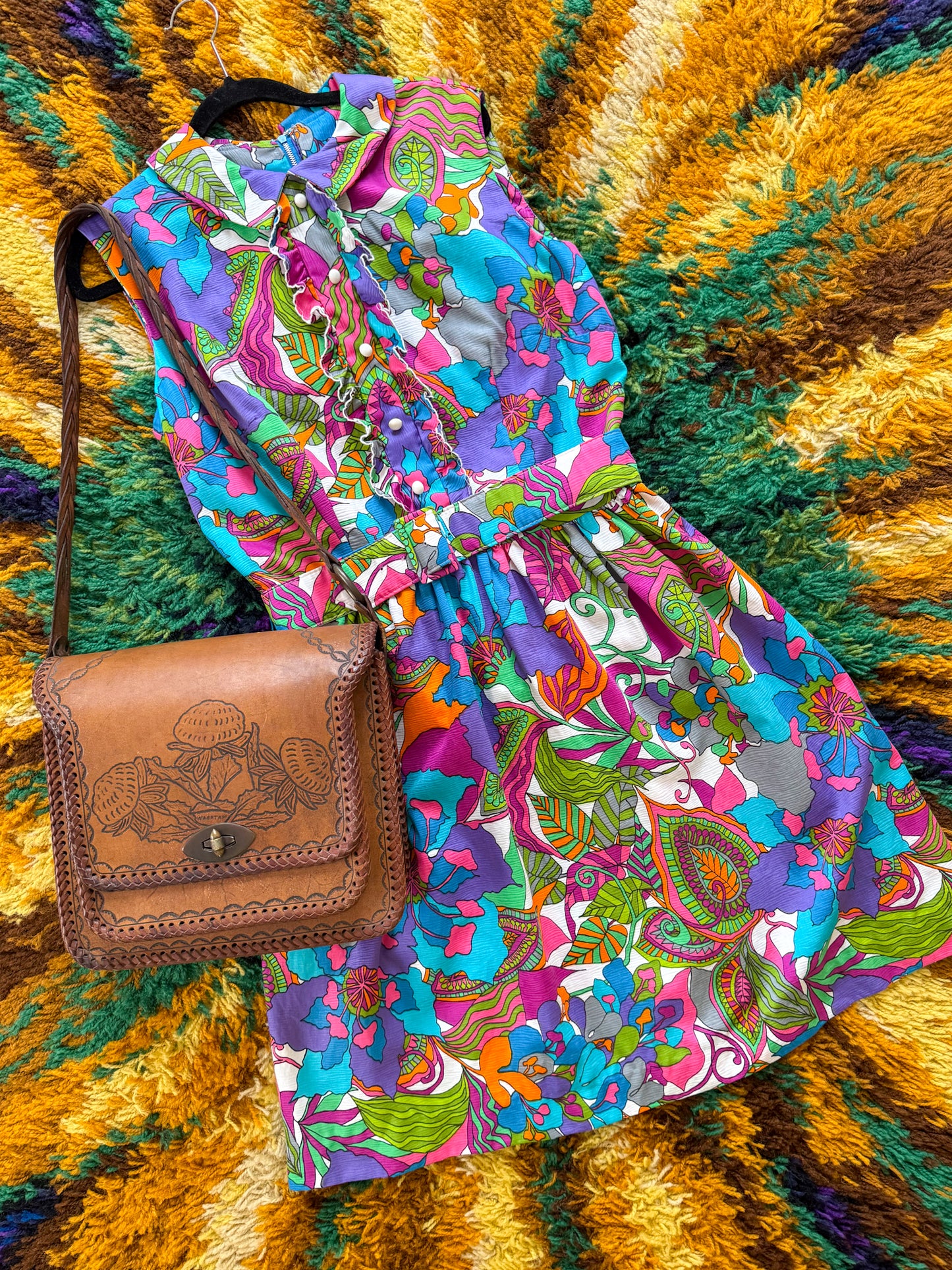 VINTAGE 1960S CINDY JUNIORS POLY FLOWER PRINT ZIP RUFFLE FRONT BELTED PARTY DRESS M