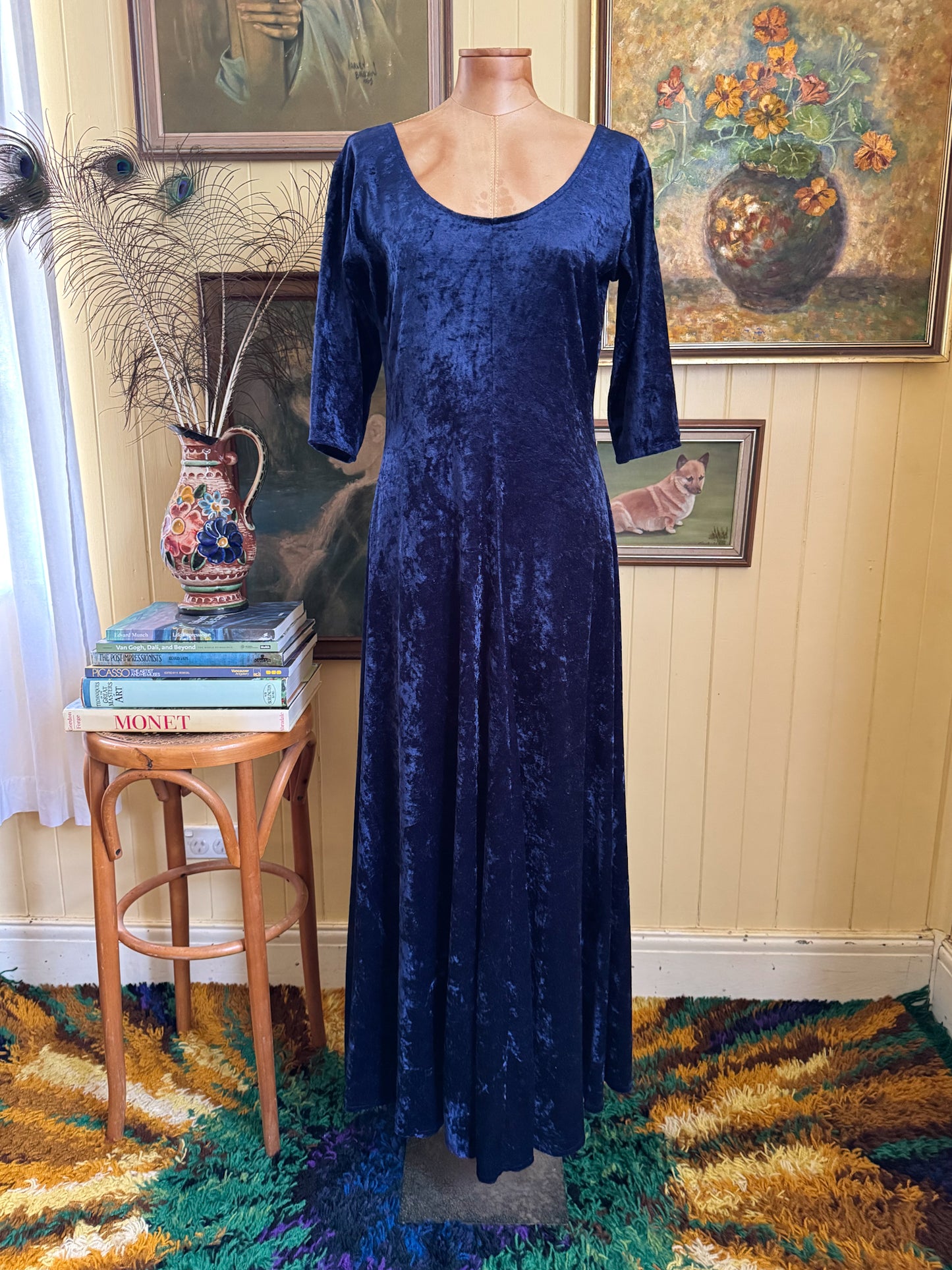 VINTAGE 1990S NAVY BLUE CRUSHED VELVET SLINKY MAXI DRESS M