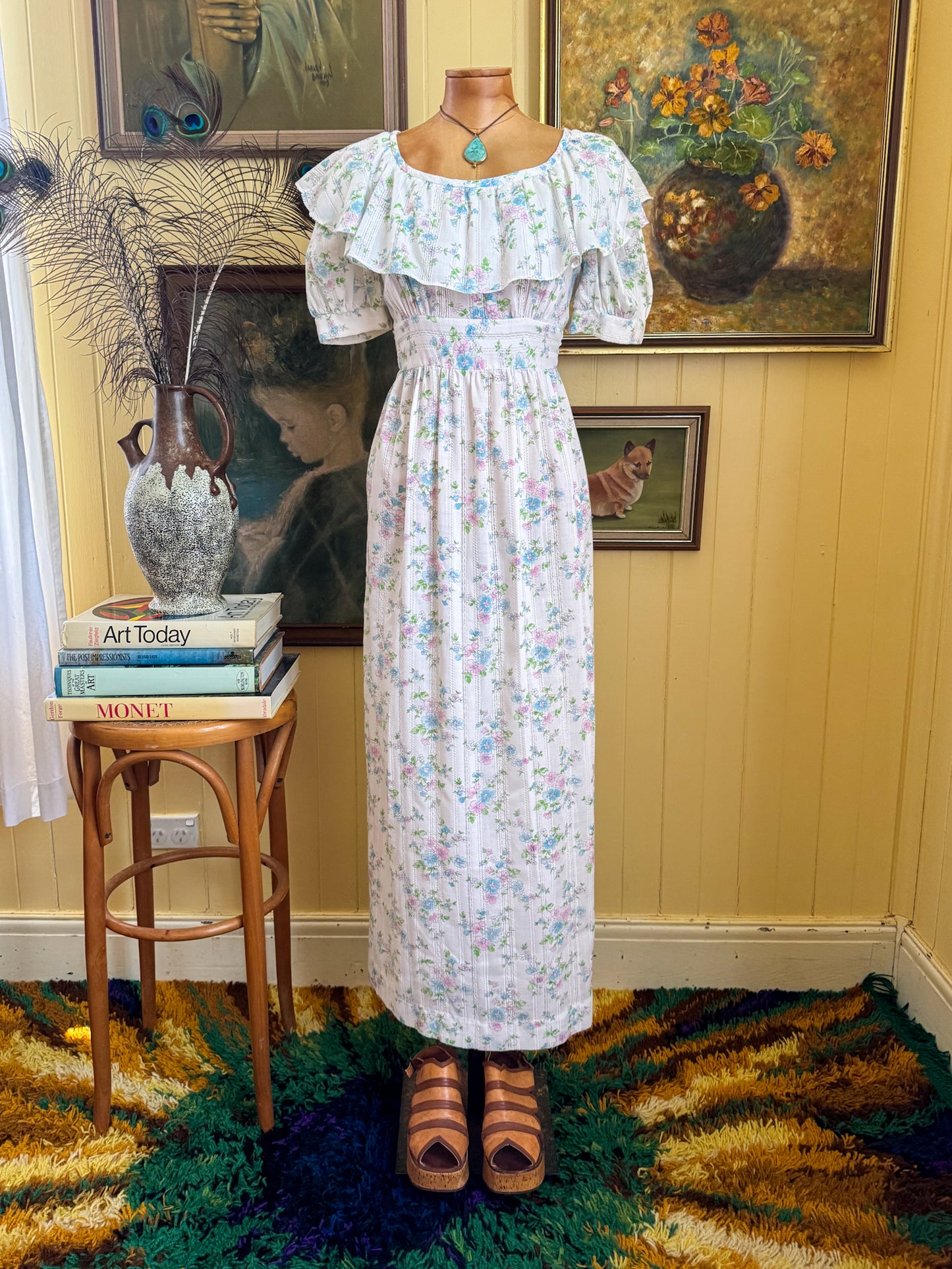 VINTAGE 1970S YOUNG EDWARDIAN COTTON BLEND FLORAL RUFFLE PRAIRIE DRESS S