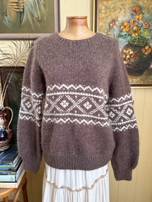 VINTAGE HANDMADE COCOA BROWN WOOLLEN MOTIF KNIT JUMPER S/M