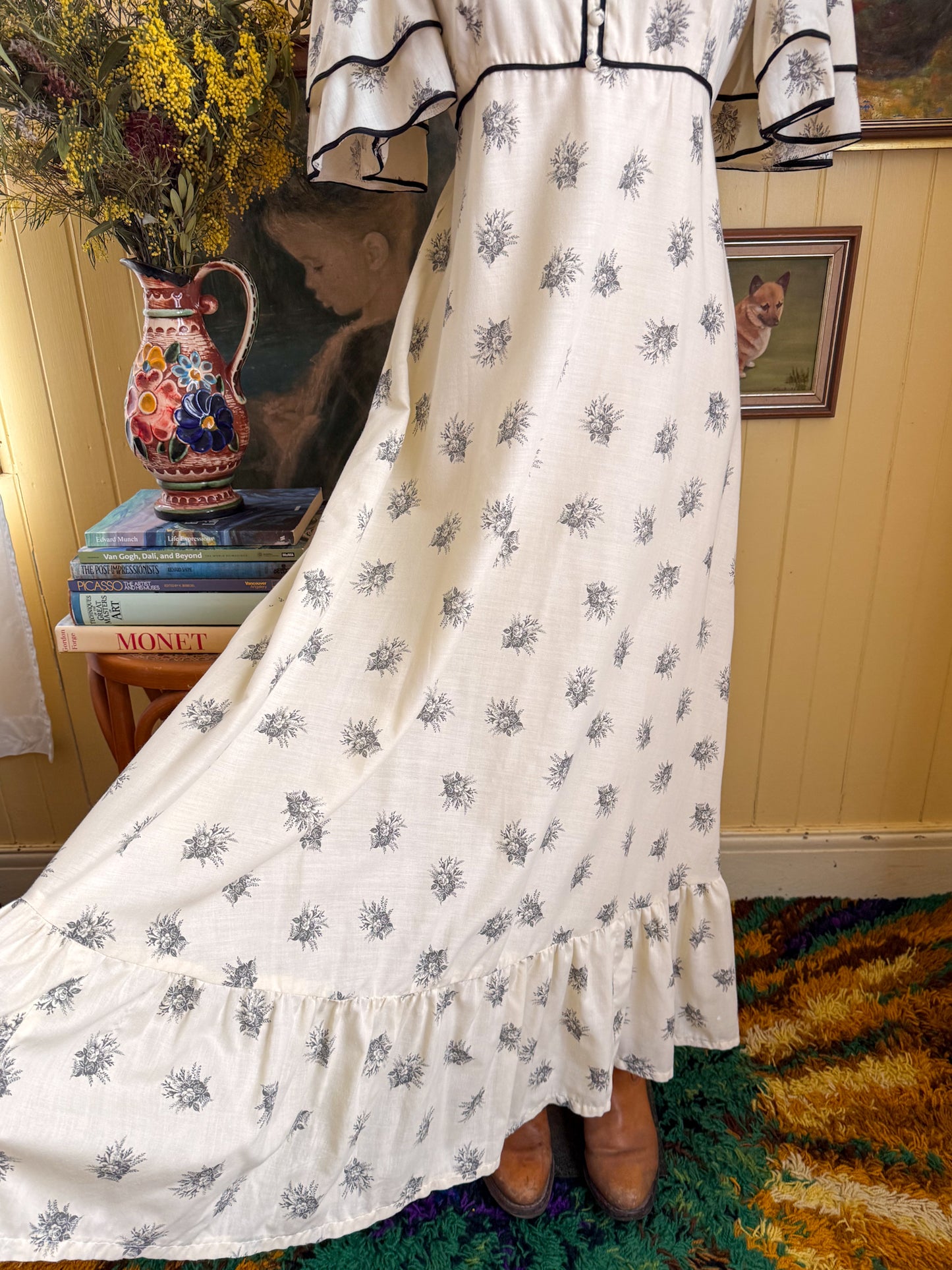 VINTAGE 1970S ENGLISH RICHARD SHOPS FLUTTER SLEEVE PRINT PRAIRIE MAXI DRESS S/M