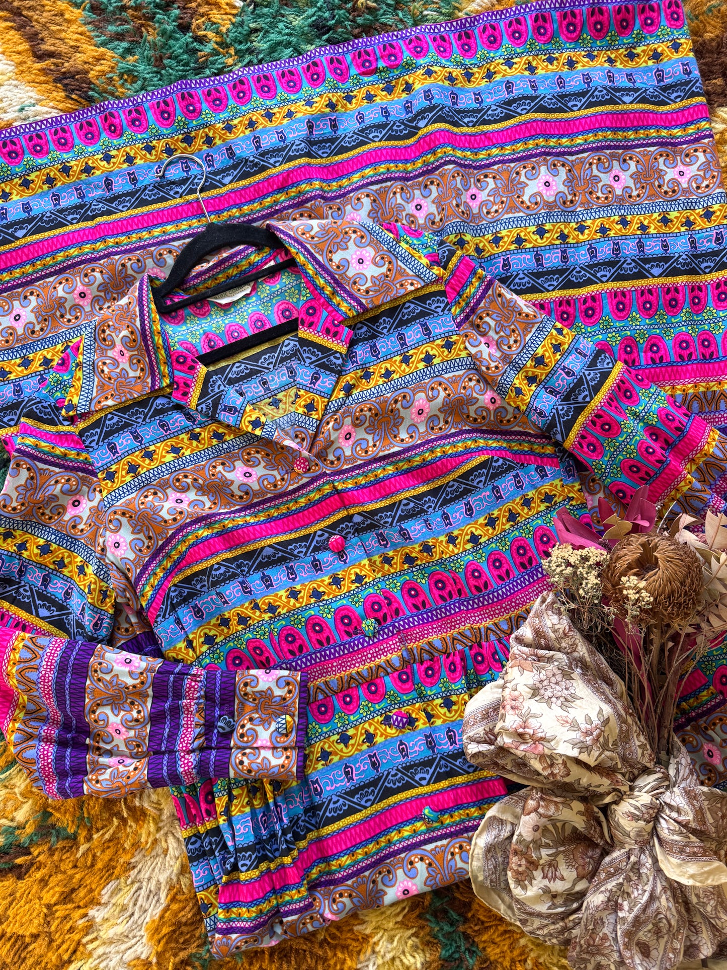 VINTAGE 1970S ALEX COLEMAN PSYCHEDELIC PRINT BUTTON THROUGH BELTED MAXI SHIRT DRESS M/L