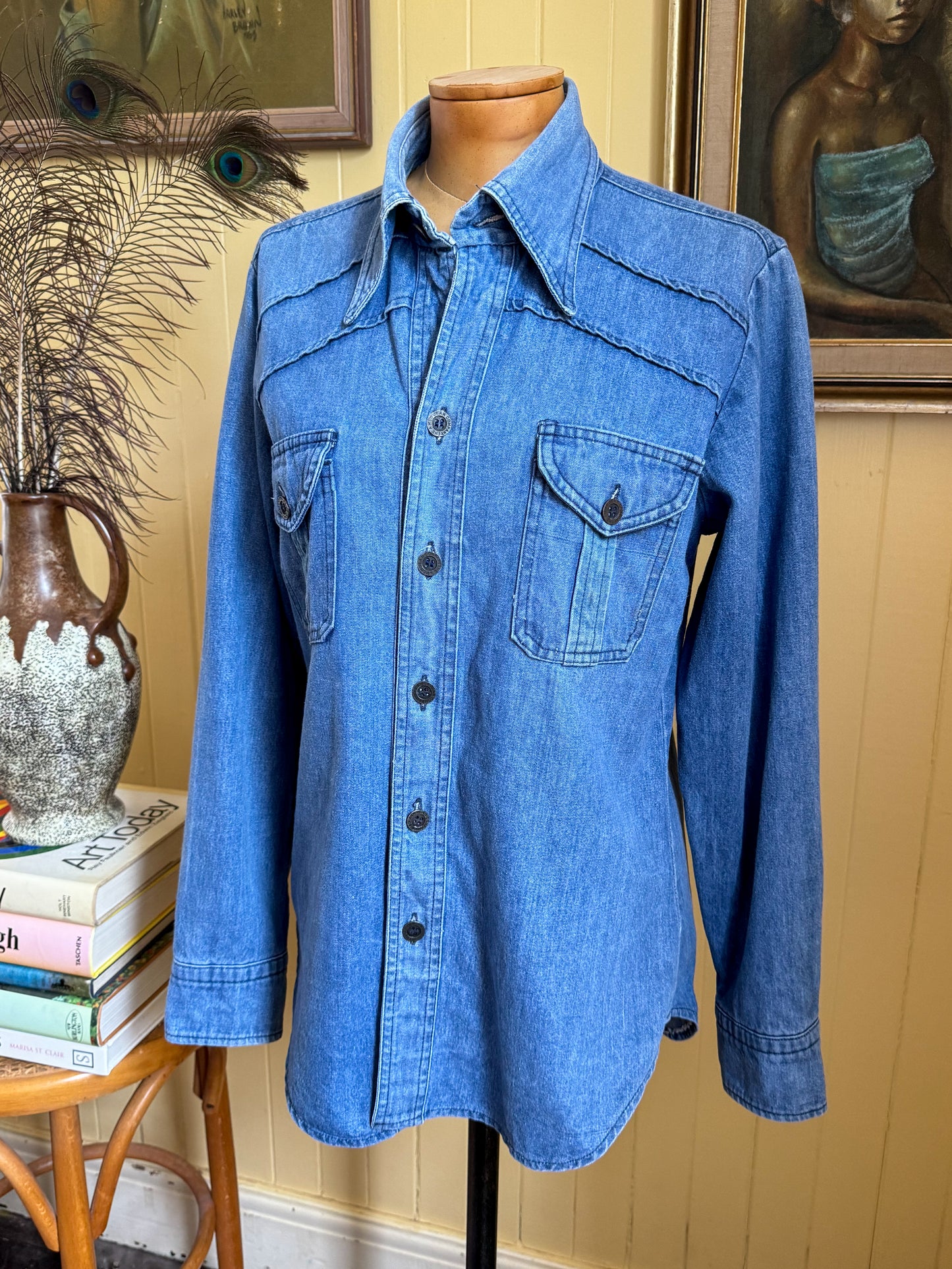 VINTAGE 1970S AMCO COTTON DENIM PATCH POCKET SHIRT JACKET S/M