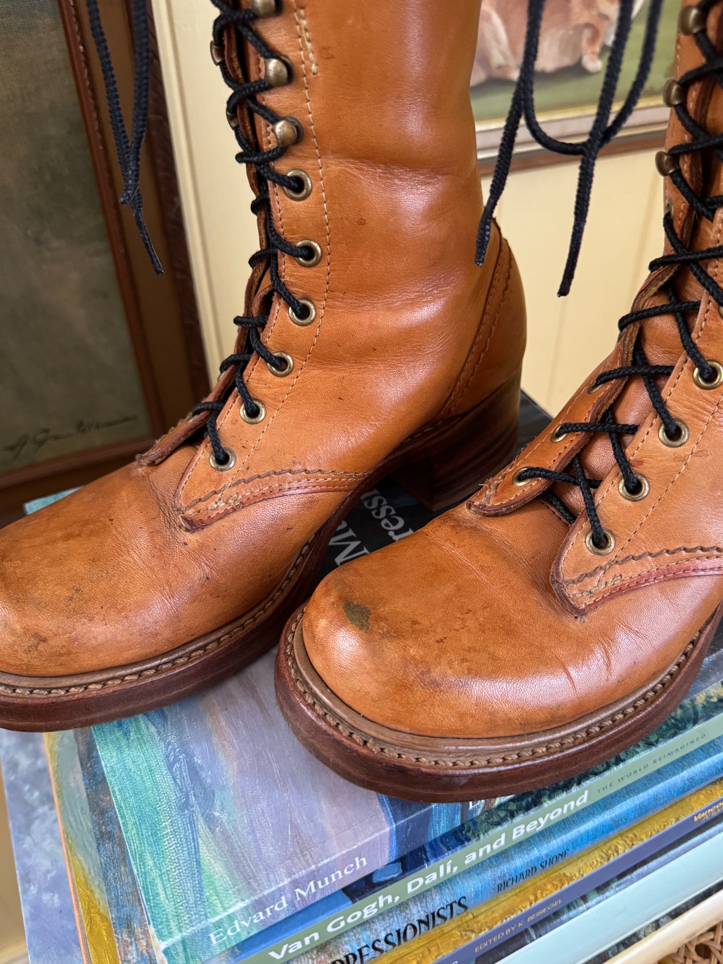 VINTAGE BORT CARLETON CAMPUS LEATHER KNEE HIGH LACE UP BOOTS 7.5/38