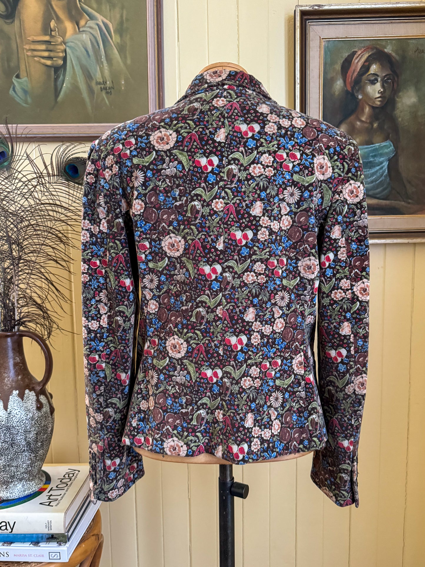 VINTAGE 1990S MOSCHINO CHEAP AND CHIC FLORAL PRINT CORDUROY BLAZER JACKET S/M