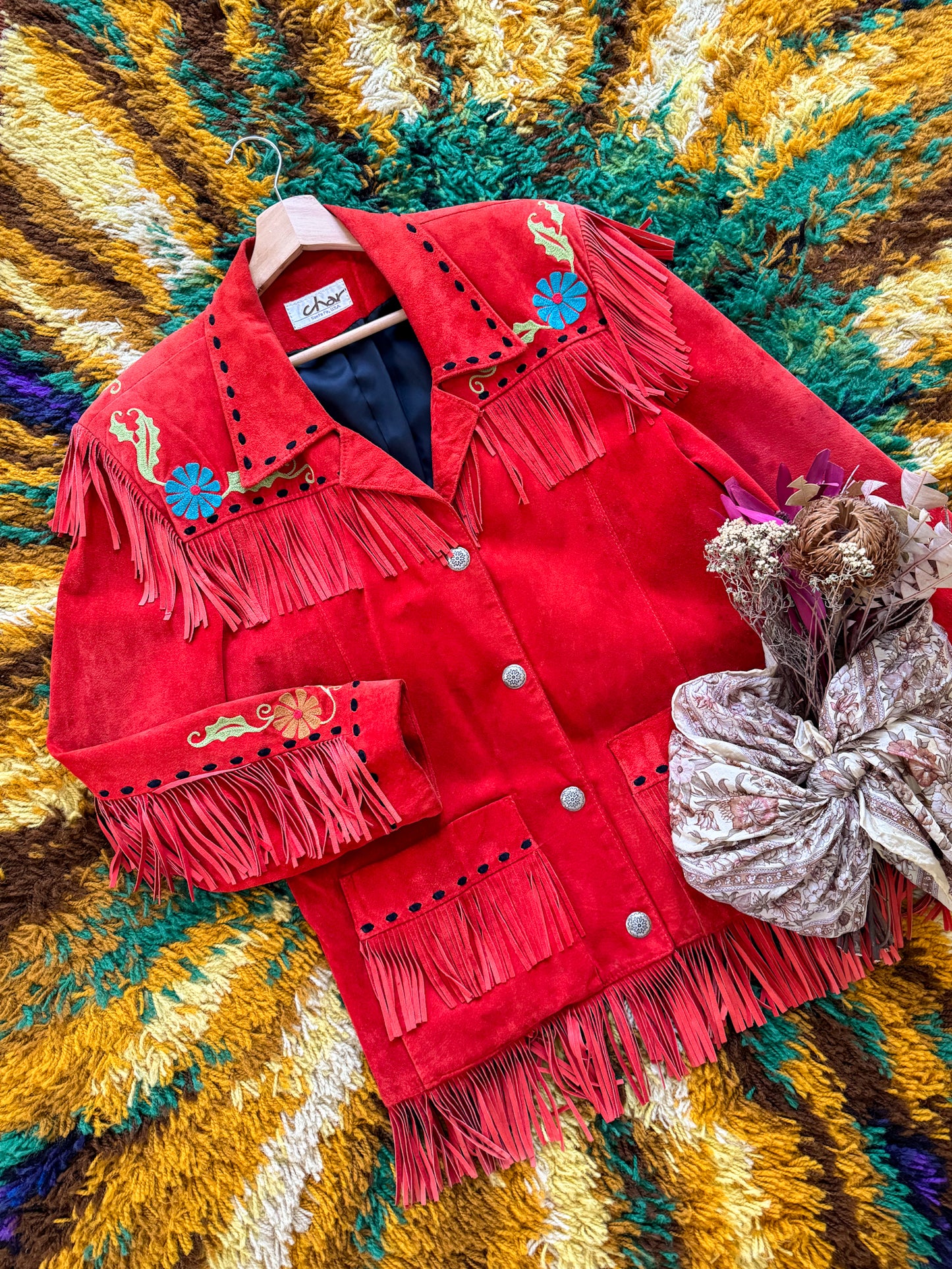VINTAGE RARE CHAR SANTA FE RED SUEDE FRINGED EMBROIDERED WESTERN JACKET M