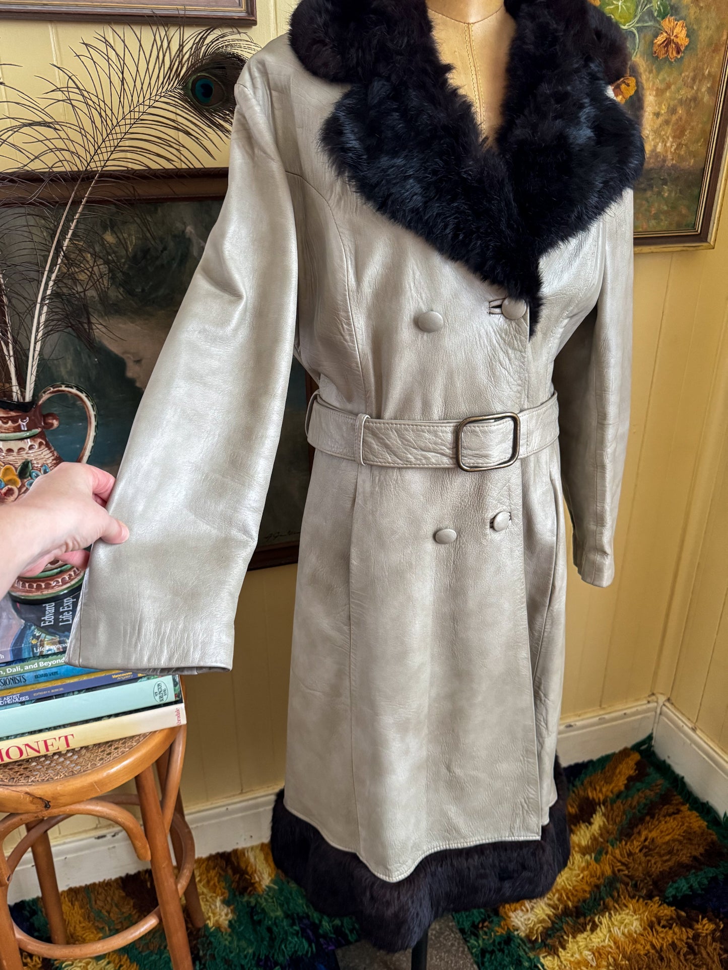 VINTAGE 1970S STEPHEN DATTNER LEATHER FUR TRIM PENNY LANE LONG COAT M/L