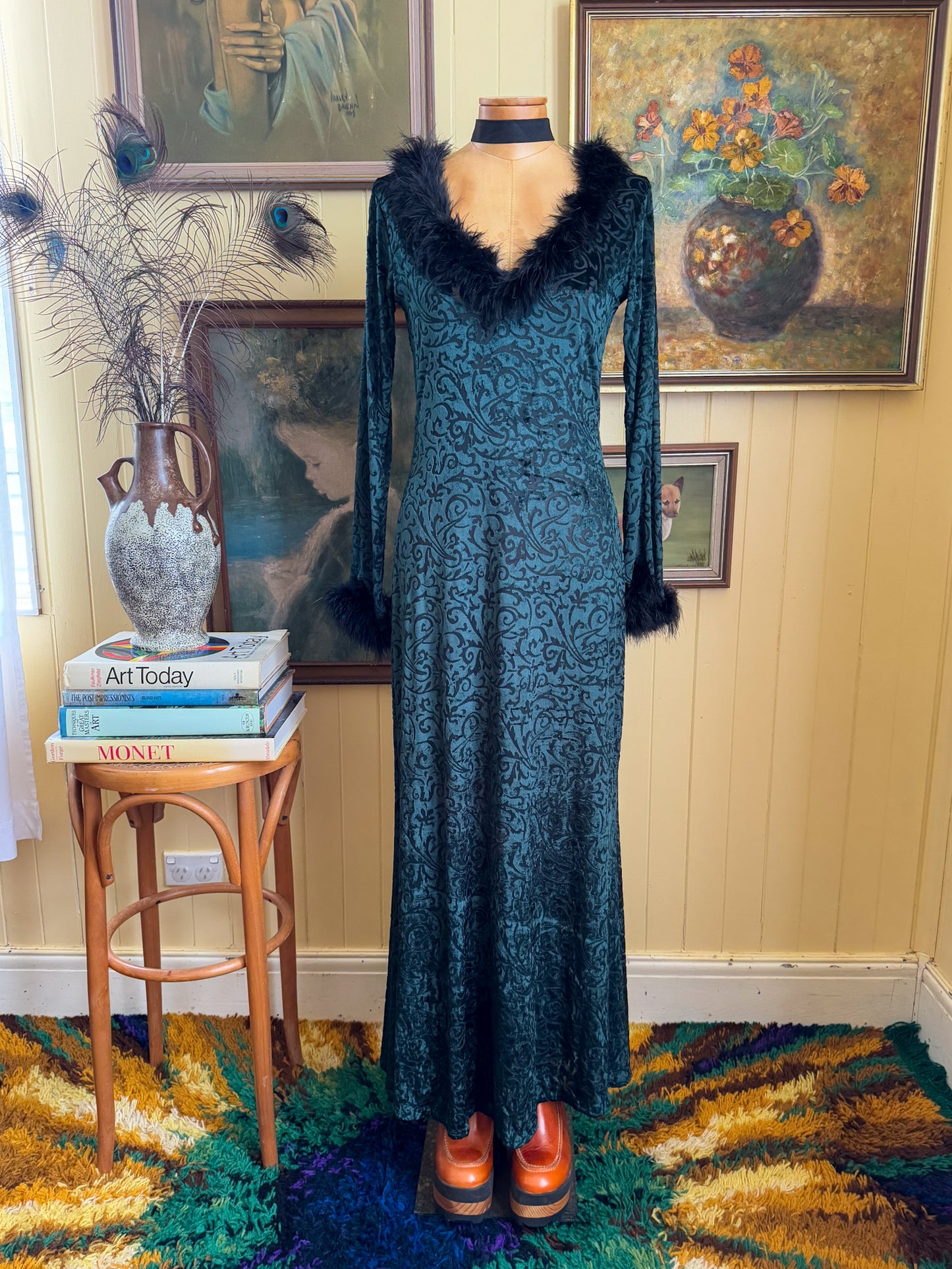 VINTAGE 1990S AUSTRALIAN MISTS OF AVALON VELVET BURNOUT FEATHER MAXI DRESS S/M