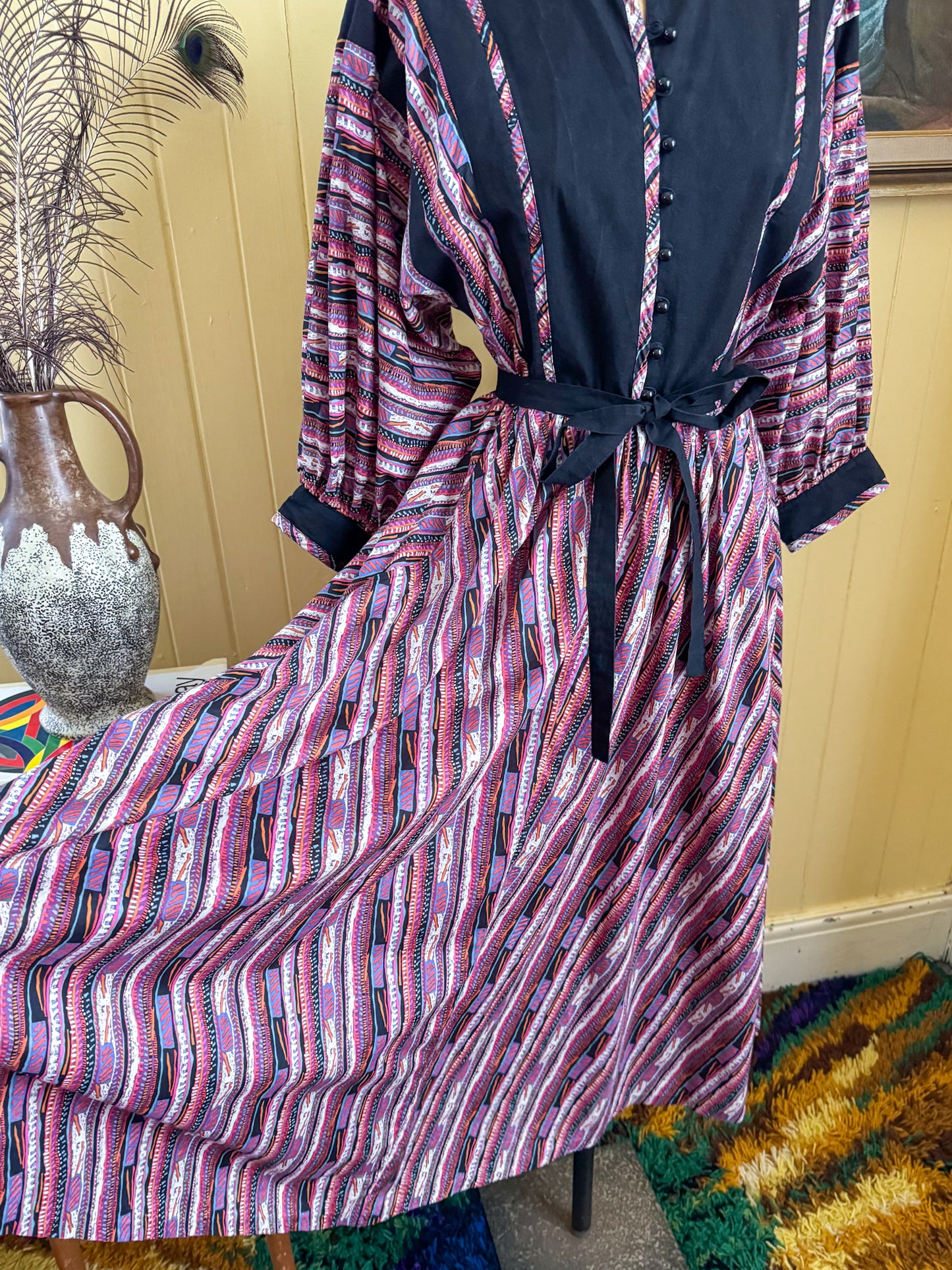 VINTAGE 1970S ORIGIN BY LIBERTY COTTON GEO PRINT BALLOON SLEEVE PRAIRIE DRESS S