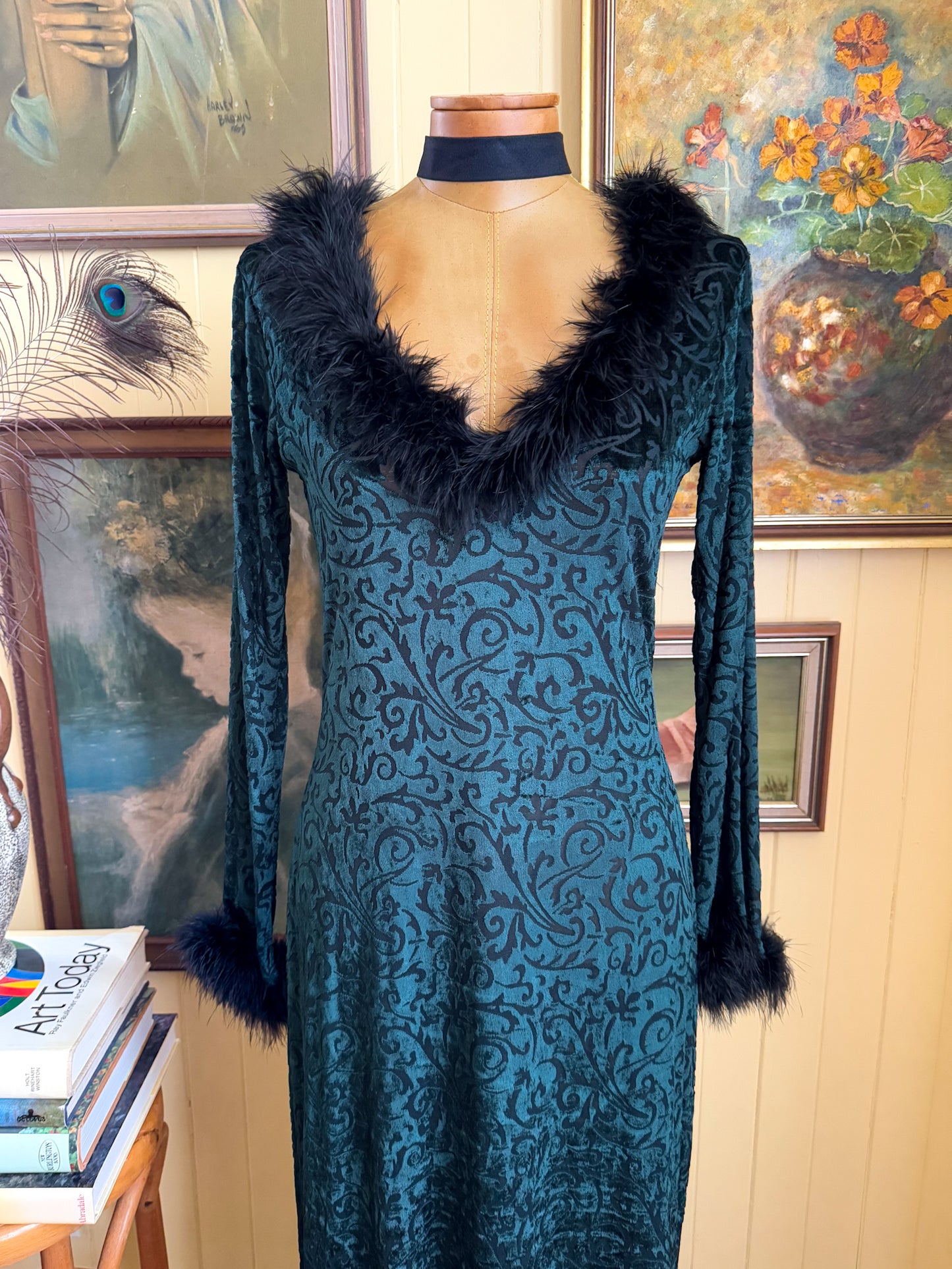 VINTAGE 1990S AUSTRALIAN MISTS OF AVALON VELVET BURNOUT FEATHER MAXI DRESS S/M