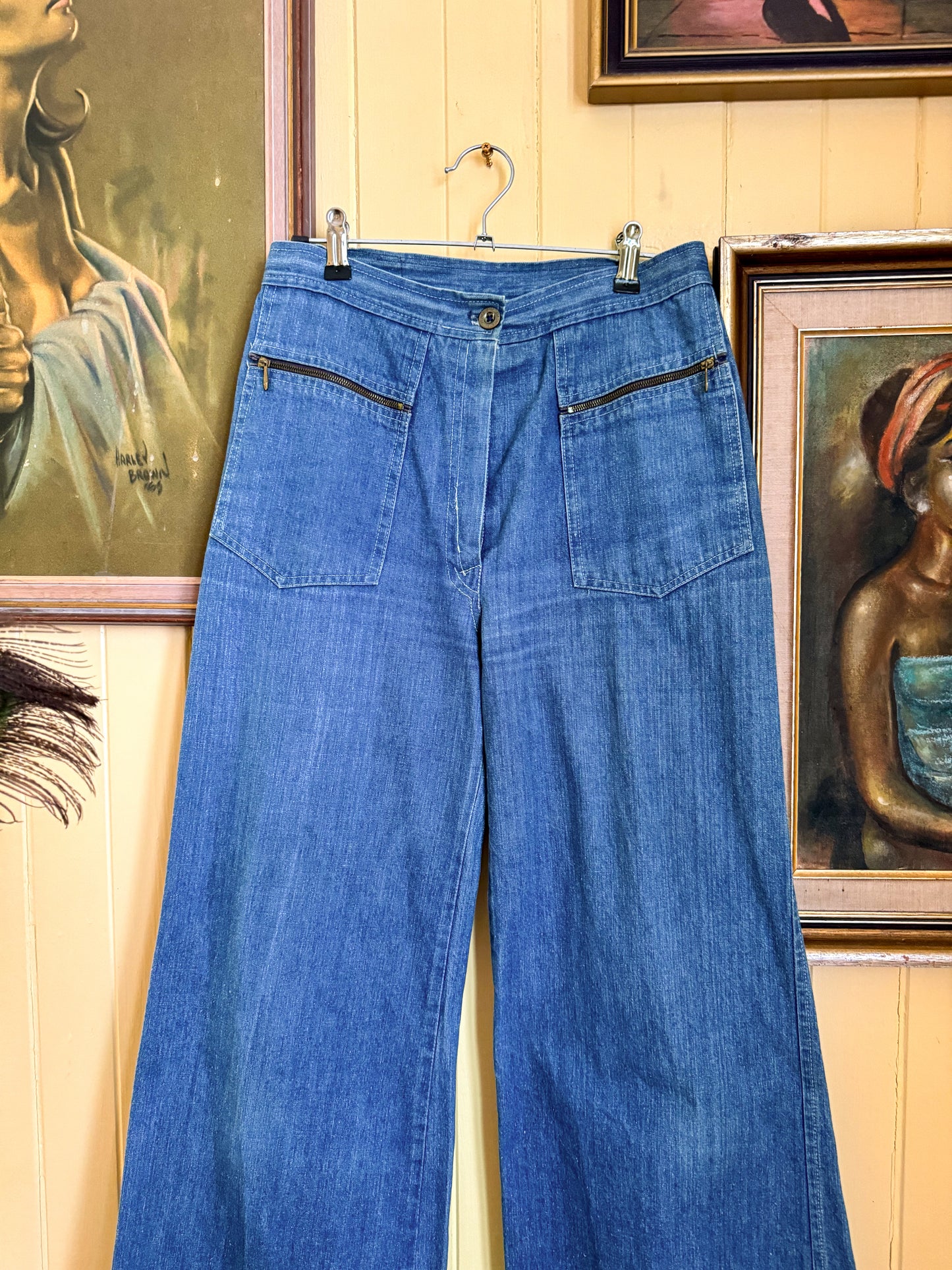 VINTAGE 1970S SCRUBB HIGH WAIST WIDE LEG FLARED DENIM JEANS S/M