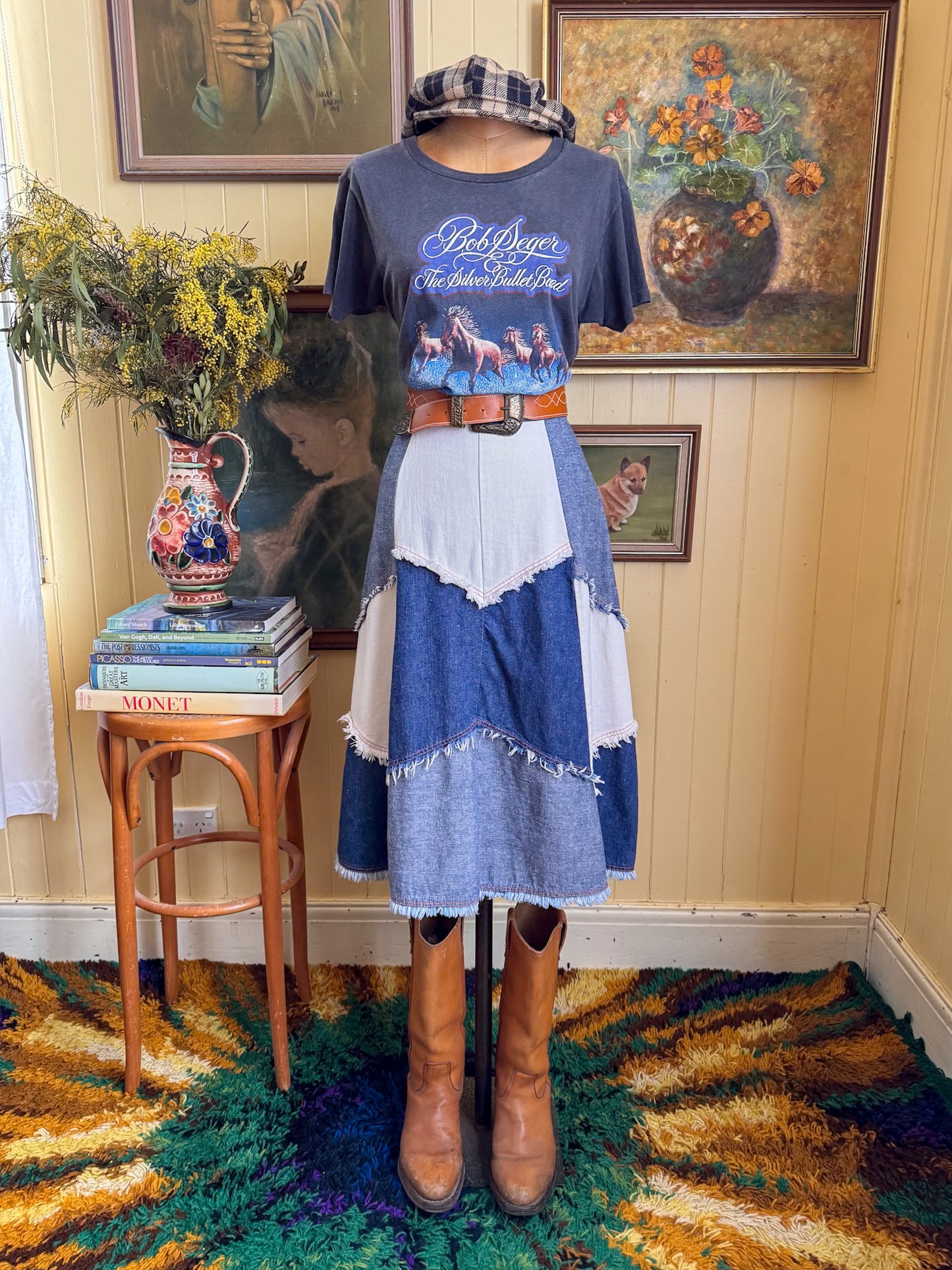 VINTAGE 1970S JC PENNEY COTTON DENIM PATCHWORK A-LINE MIDI SKIRT M
