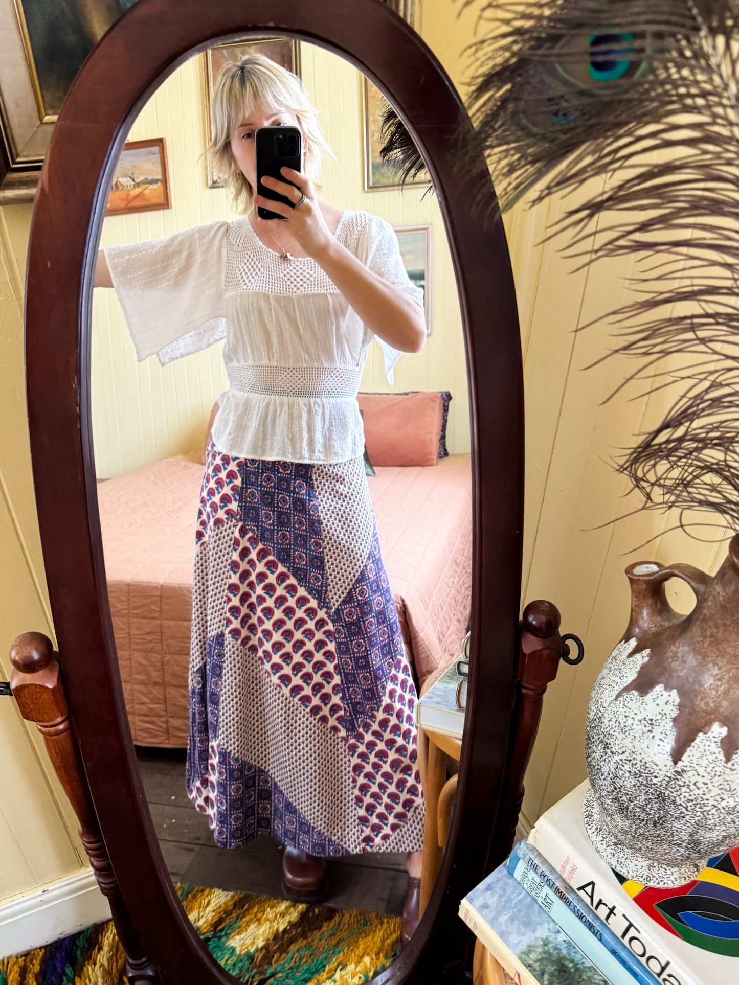 VINTAGE 1970S SHARADE FOR KATIES COTTON CHEESECLOTH CROCHET BLOUSE S/M