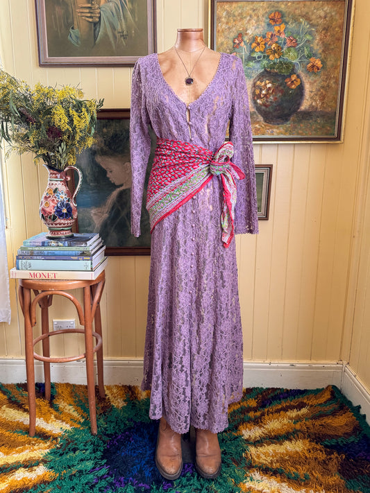 VINTAGE 1990S MAUVE LACE LONG SLEEVE MAXI DUSTER DRESS M/L