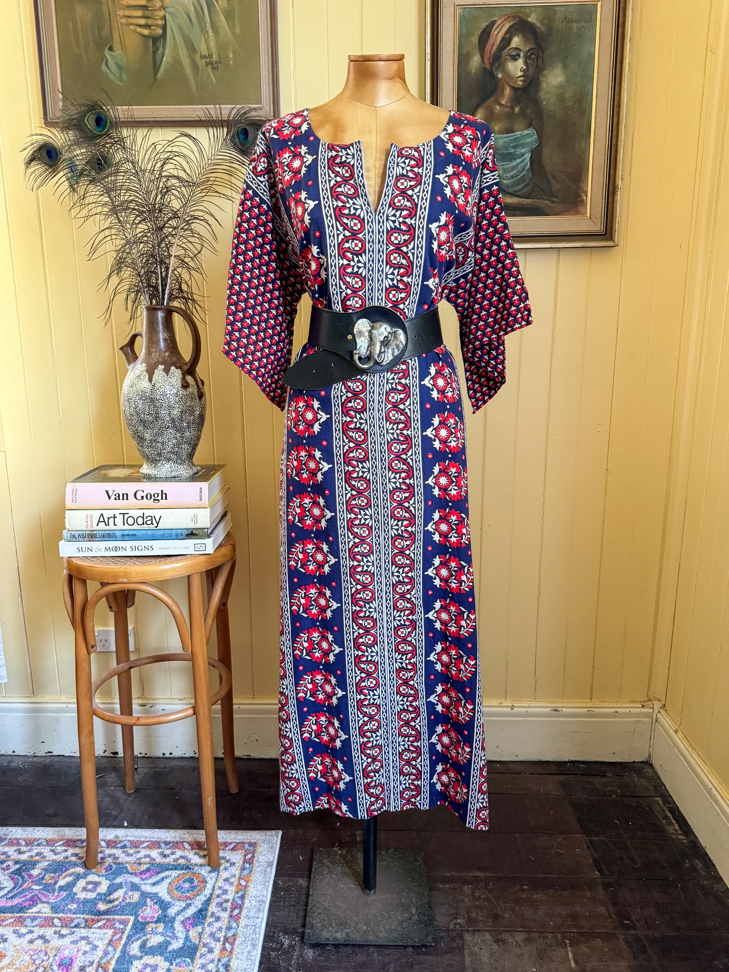 VINTAGE 1980S PAKISTANI COTTON BLOCK PRINT KIMONO SLEEVE MAXI DRESS L